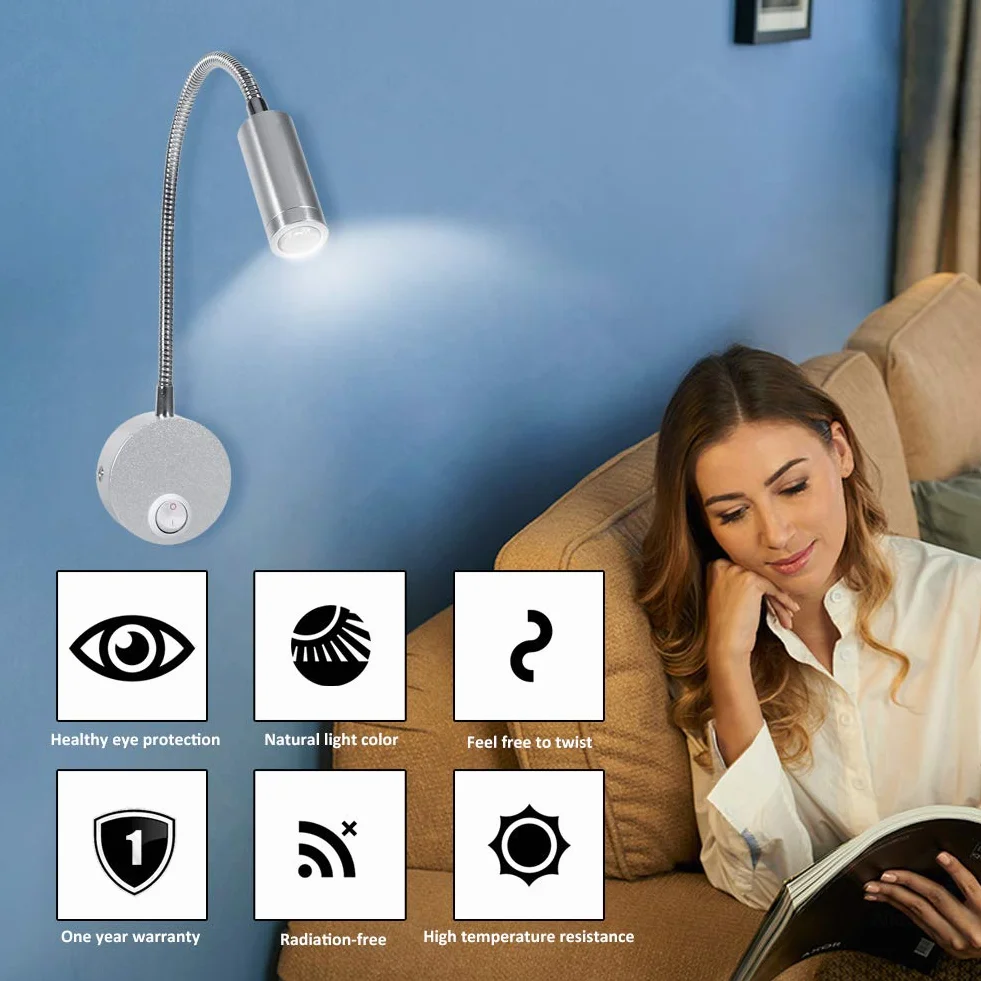Lampka nocna LED z elastyczną gęsią szyją 6500K 3W do czytania