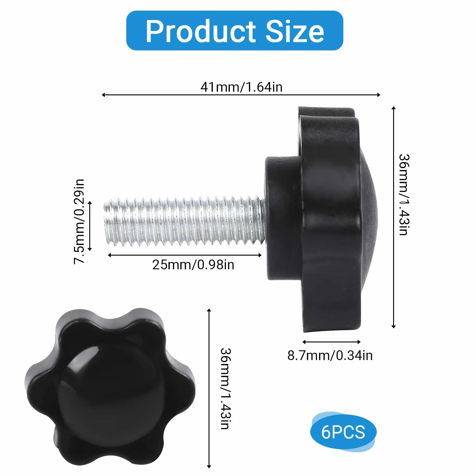 Śruby gwiazdowe M8 x 25 mm, tworzywo sztuczne, zestaw 6 sztuk
