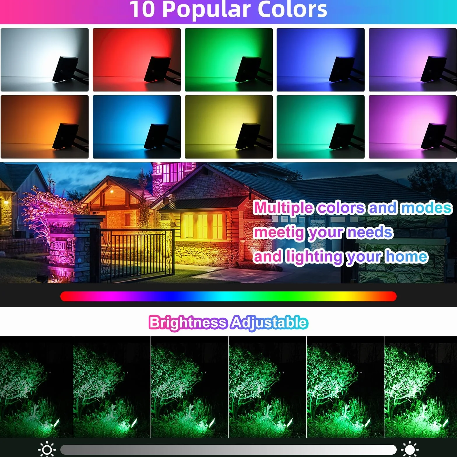 MEIKEE Zewnętrzny projektor LED RGB 60 W, 10 kolorów 12 trybów z pilotem, IP66