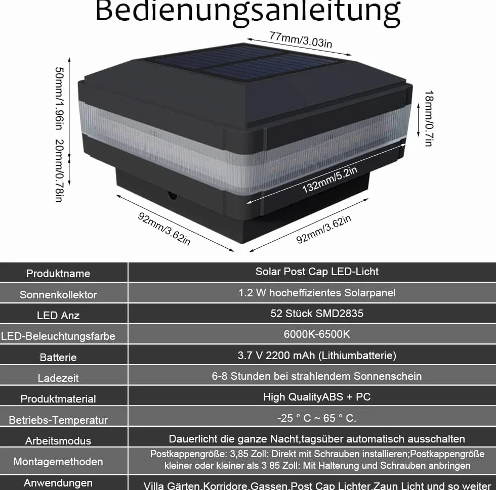 Solarne oświetlenie ogrodzenia, zaślepki słupków do wielu rozmiarów, 7 x 7,8 x 8,9 x 9, 10 x 10, standardowe słupki 6000 K, IP65, wodoszczelne zaślepki na słupki drewniane, zaślepki słupków