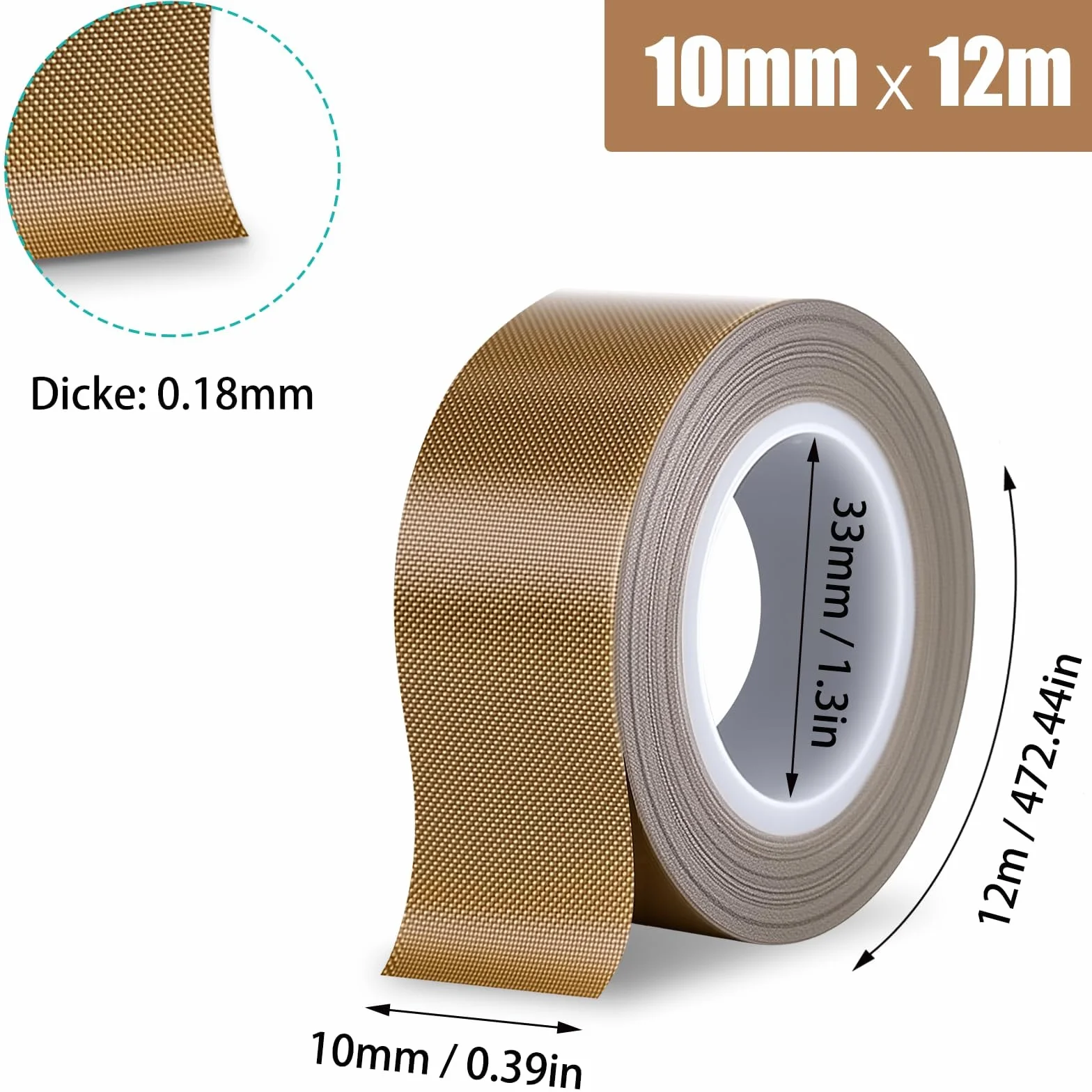 Taśma Teflonowa Samoprzylepna Odporna na Wysokie Temperatury 0,18 x 10 mm x 12 m Taśma Ślizgowa