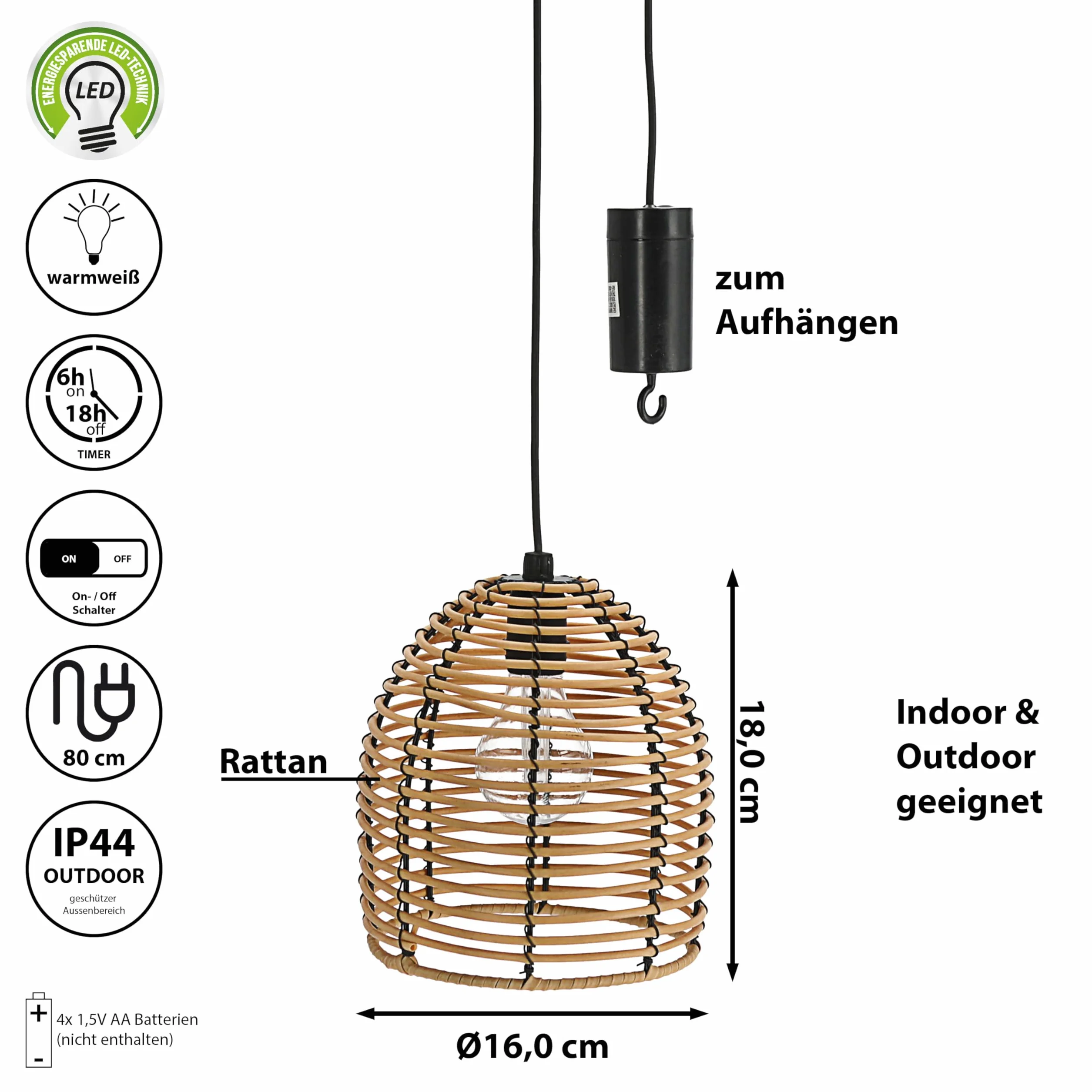 Lampa rattanowa LED, zasilana bateriami, 16 x 18 x 16 cm, ciepła biel, przewód zasilający 80 cm, lampa wisząca z funkcją timera, nadaje się do użytku na zewnątrz