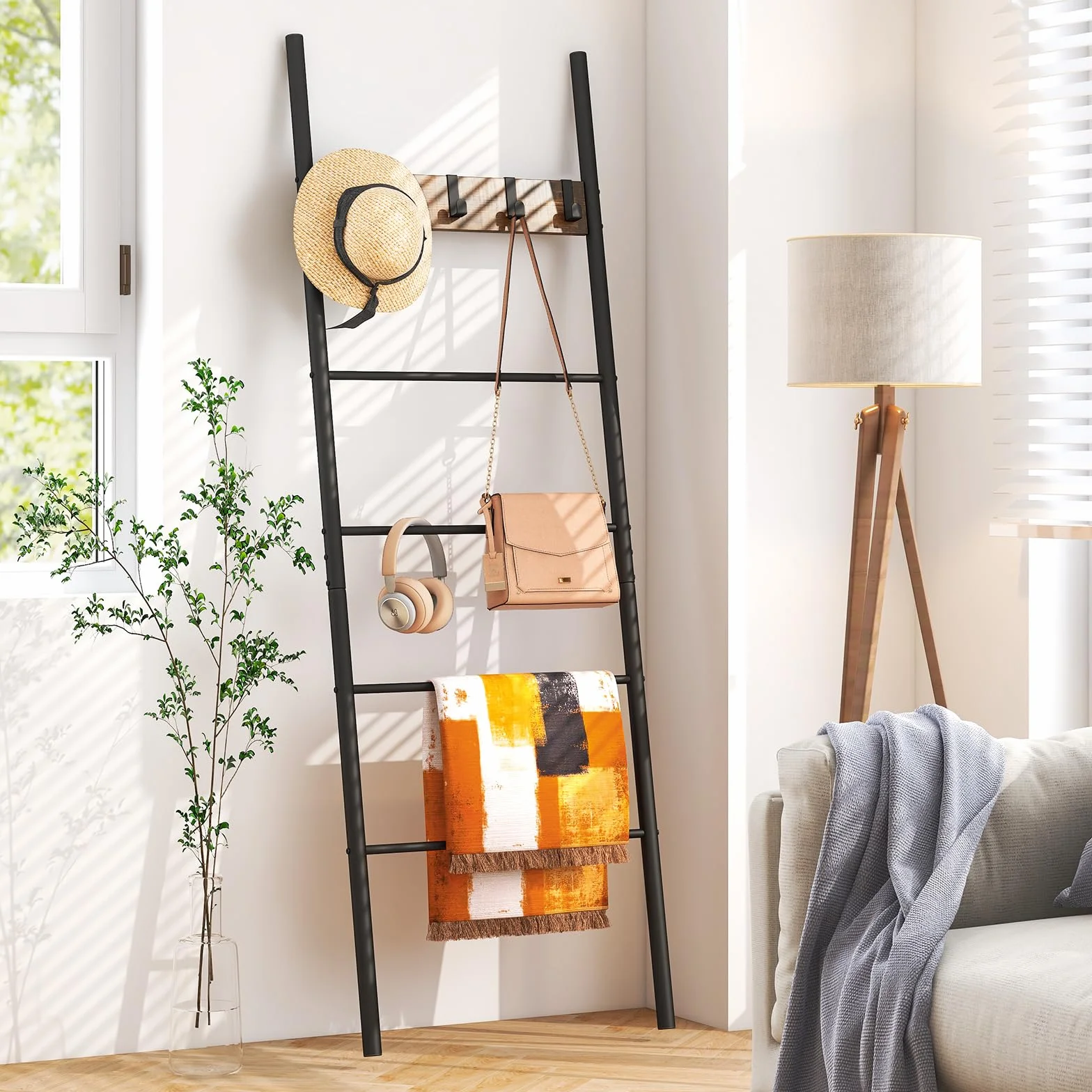 COSTWAY Drabina na ręczniki 180 x 60 cm, wieszak na ręczniki z 5 zdejmowanymi haczykami, regał drabinkowy, oszczędność miejsca, drabina do garderoby z metalową ramą, styl vintage