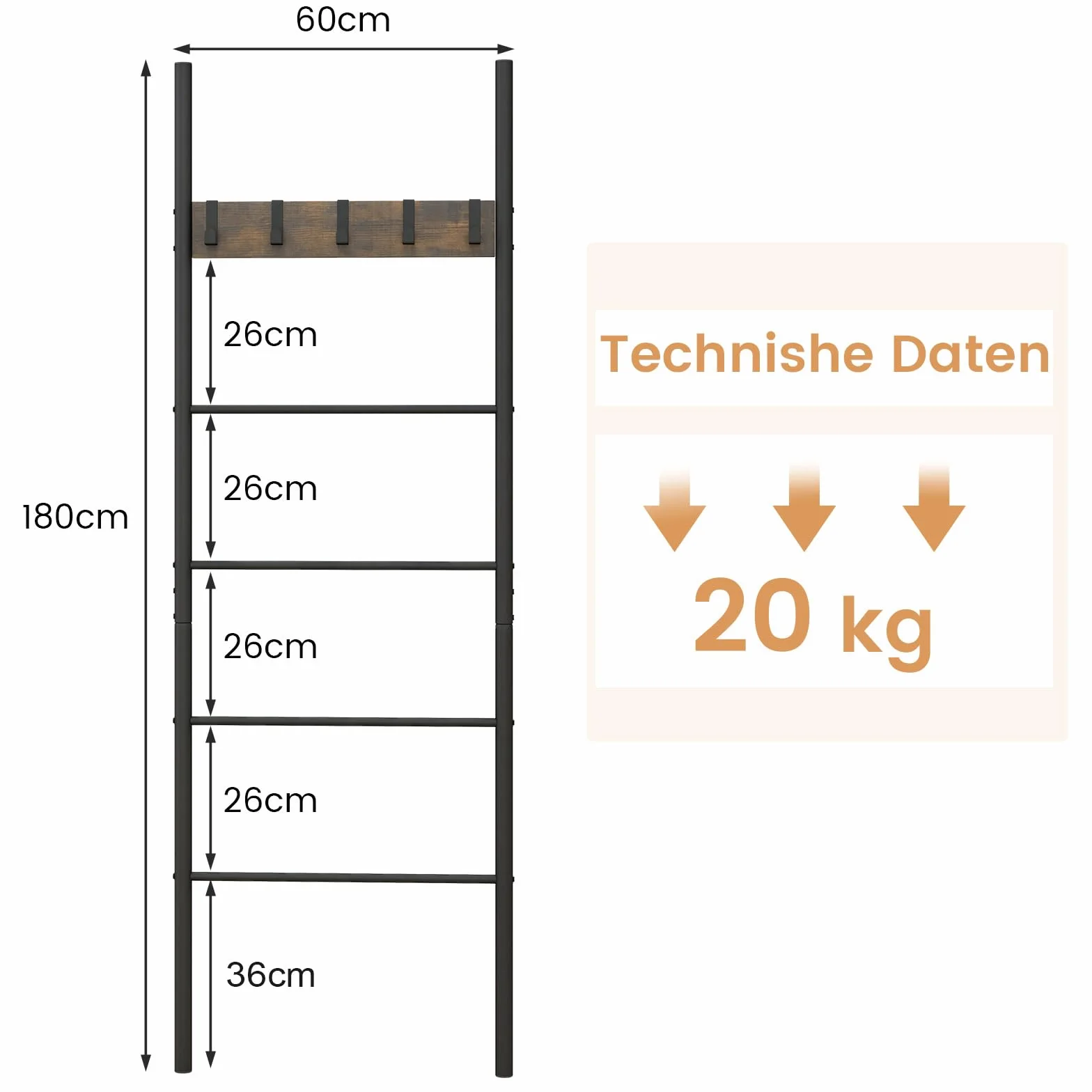 COSTWAY Drabina na ręczniki 180 x 60 cm, wieszak na ręczniki z 5 zdejmowanymi haczykami, regał drabinkowy, oszczędność miejsca, drabina do garderoby z metalową ramą, styl vintage