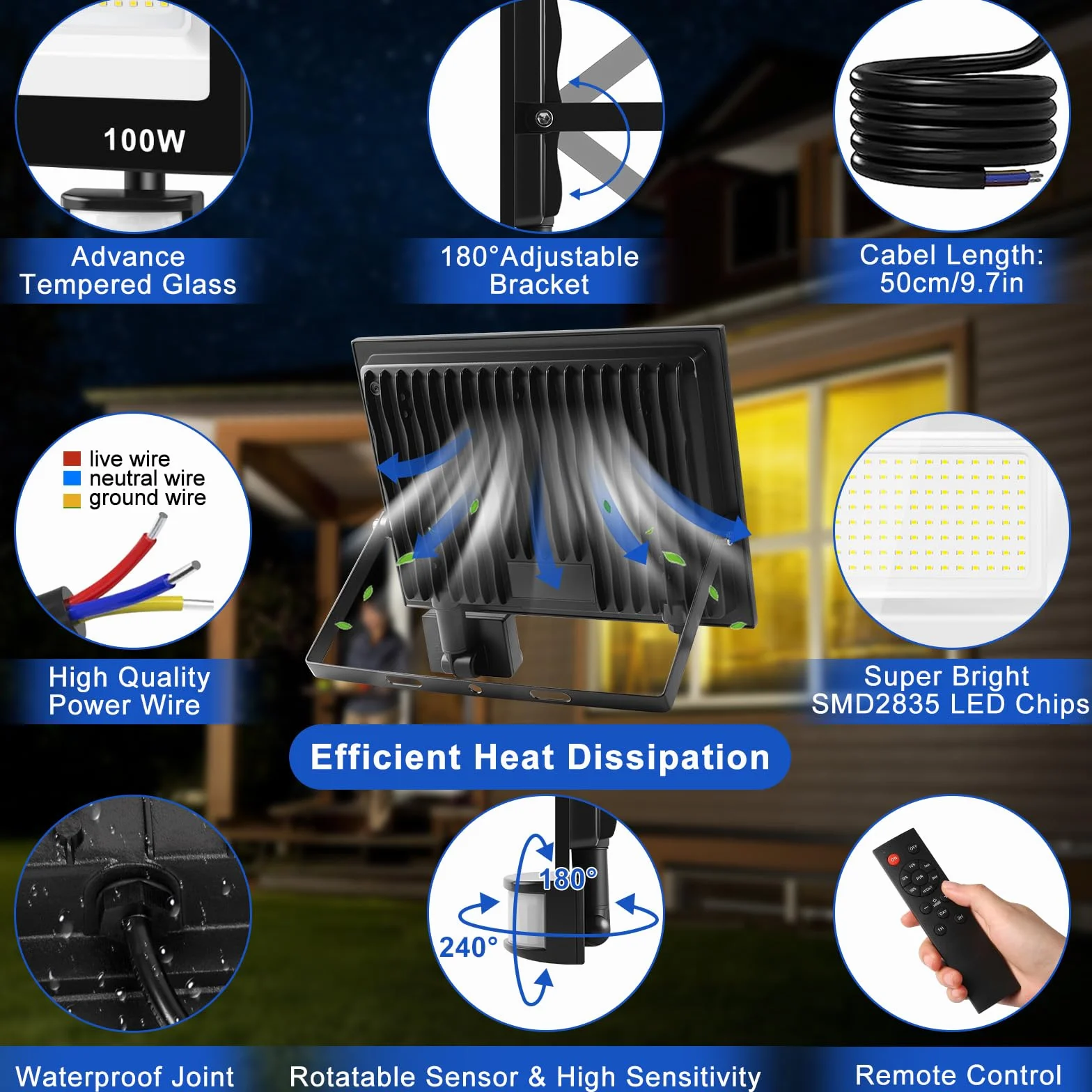 Reflektor LED 100 W z czujnikiem ruchu, na zewnątrz, 4 tryby, 10 poziomów jasności, regulowany reflektor LED z pilotem zdalnego sterowania, 10 000 lm, 7000 K, zimna biel, IP67, wodoszczelny