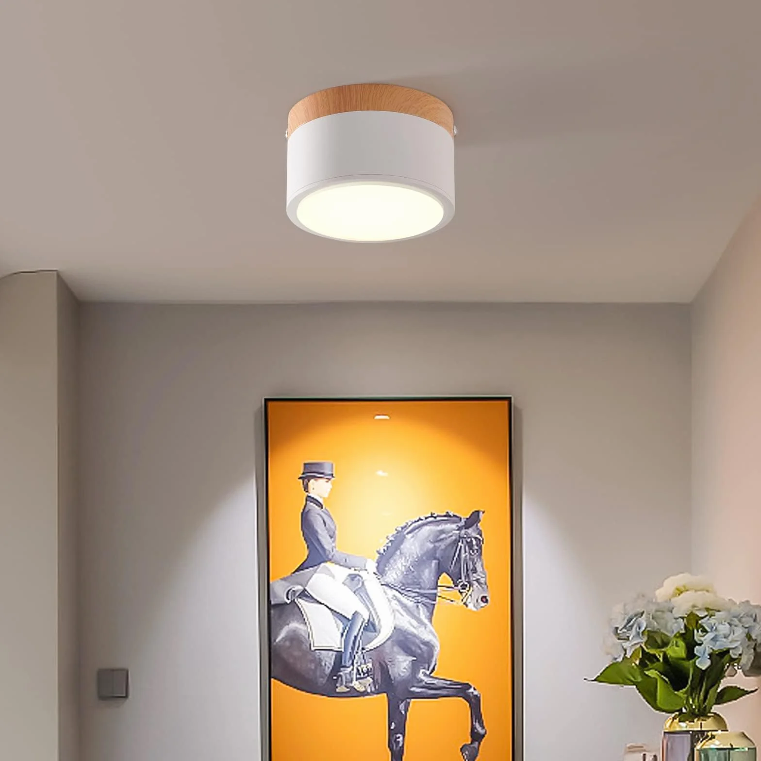 Lampa Sufitowa LED, Reflektor Natynkowy Dekor Drewniany, Mini Okrągła Biała Lampa Sufitowa, Ciepła Biel 3000 K, 12 W.