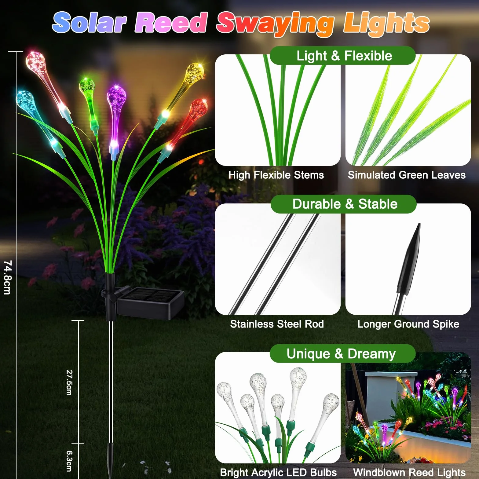 Lampy solarne do ogrodu, 2 sztuki, 6 diod LED, kolorowe lampy ogrodowe w kształcie kropli, do użytku na zewnątrz, nowe zmodernizowane, opcjonalnie tryby Swaying Light, solarne lampy ogrodowe, IP65,