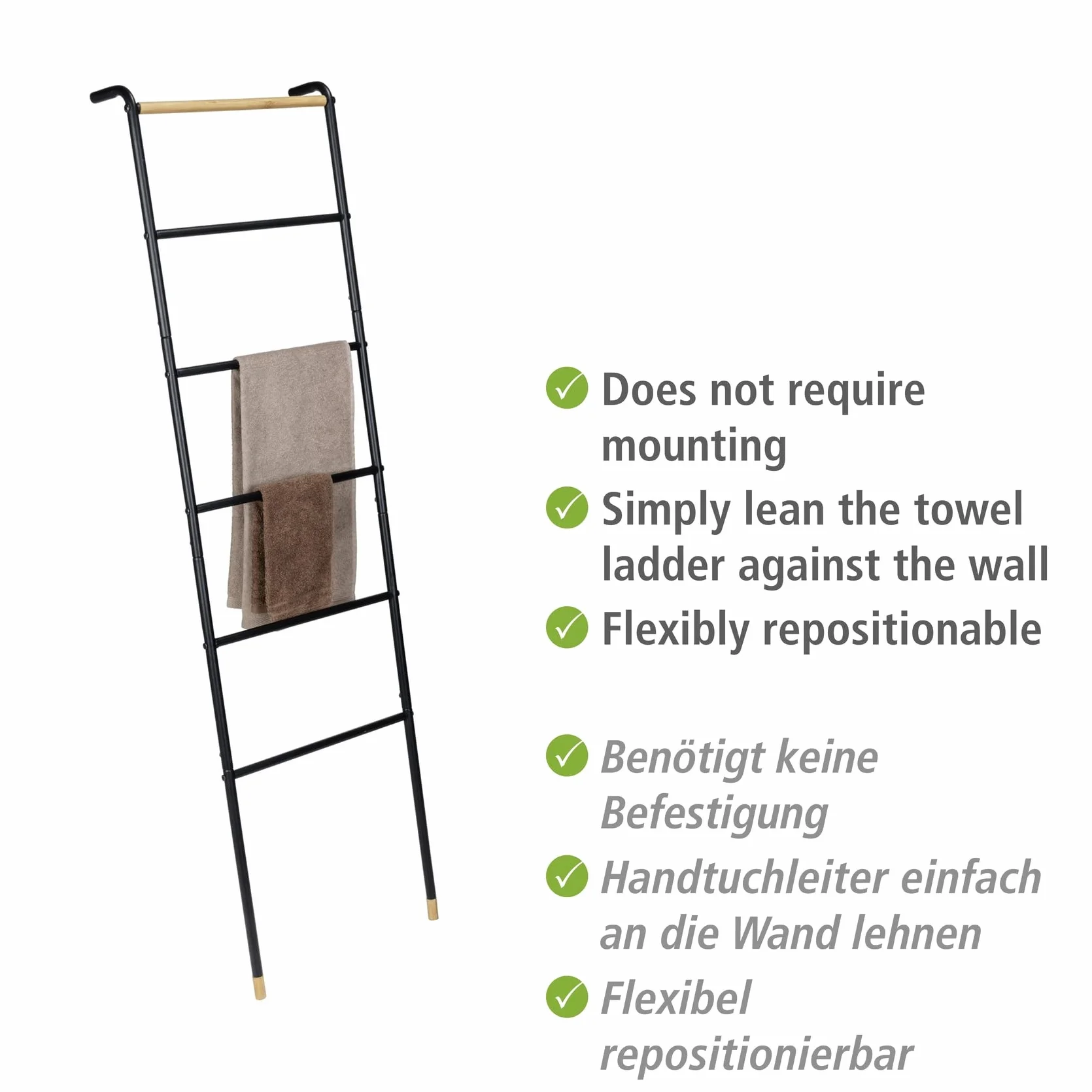 WENKO Drabina Loft 6 Szczebli na Ręczniki, Metalowa Rama, Bambus FSC, 43 x 156 x 10 cm, Czarna/Naturalna