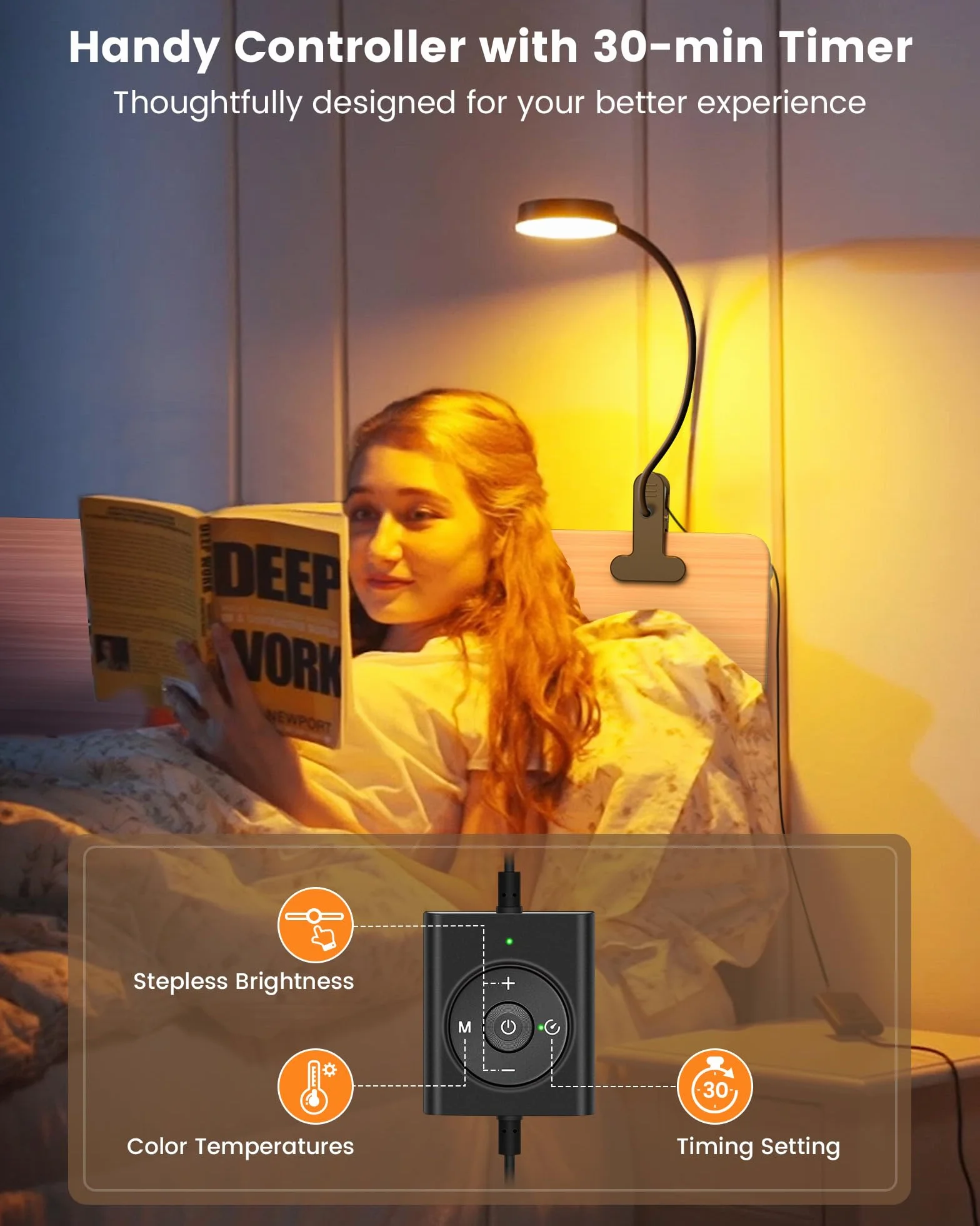 Glocusent Lampa biurkowa LED 5 W 36 koralików CRI 90 3 kolory 5 jasności czarna z adapterem
