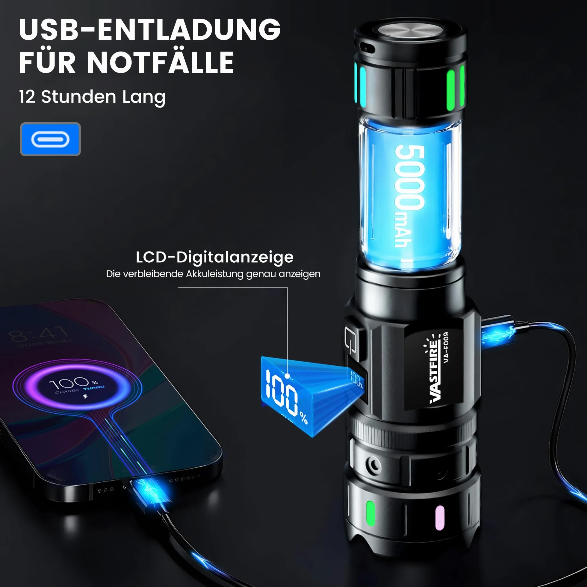 VASTFIRE Latarka LED Taktyczna 500000 Lumenów 30W Wodoodporna IP67 z Wyświetlaczem LCD
