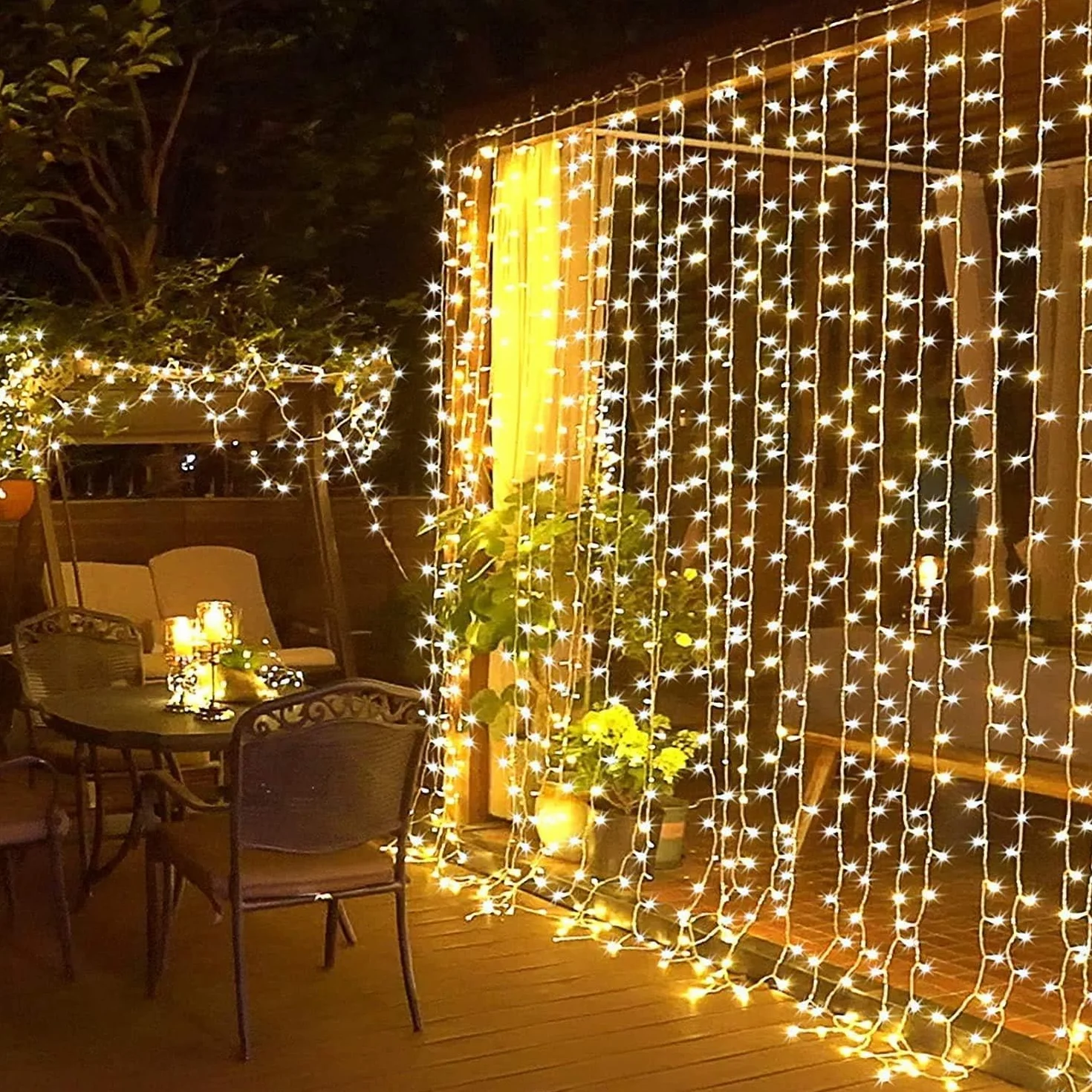 Elegear Zewnętrzna Kurtyna Świetlna 6m x 3m 600 Led IP44 8 Trybów Świecenia Ciepła Biel