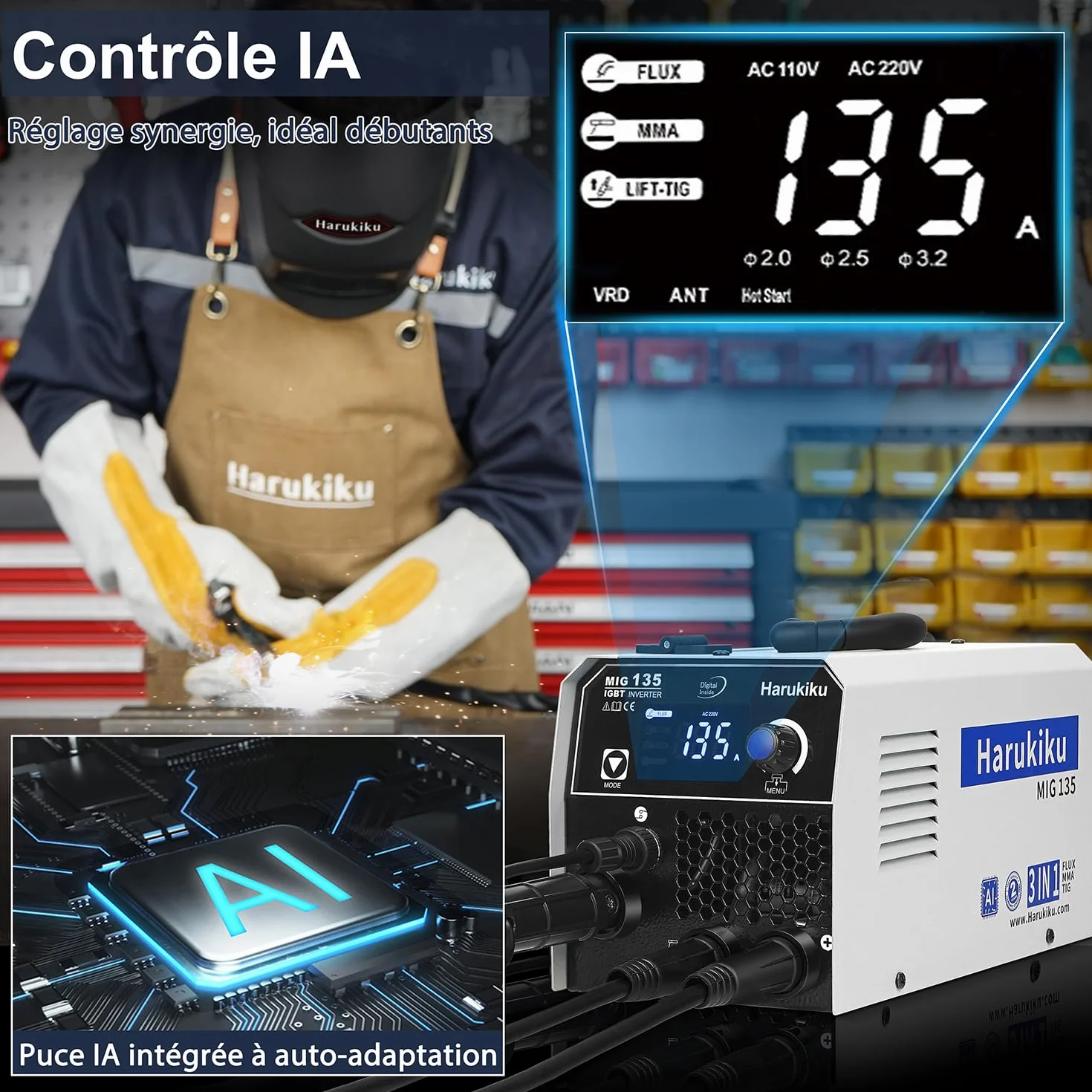 Harukiku135 Spawarka 3w1 Wieloprocesowa MIG MMA Lift TIG Synergicznym Podajnikiem Bezgazowa Kompaktowy Inverter IGBT