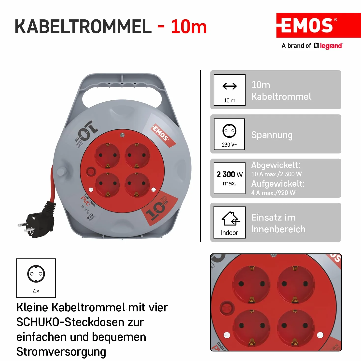 EMOS Mini bęben do kabli 10 m 4 gniazda Schuko 230 V 2300 W IP20