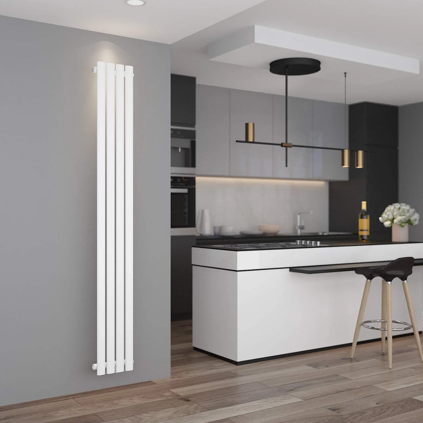 ELEGANT Grzejnik rurowy panelowy pionowy 230 x 1800 mm biały owalny przyłącze środkowe jednowarstwowy