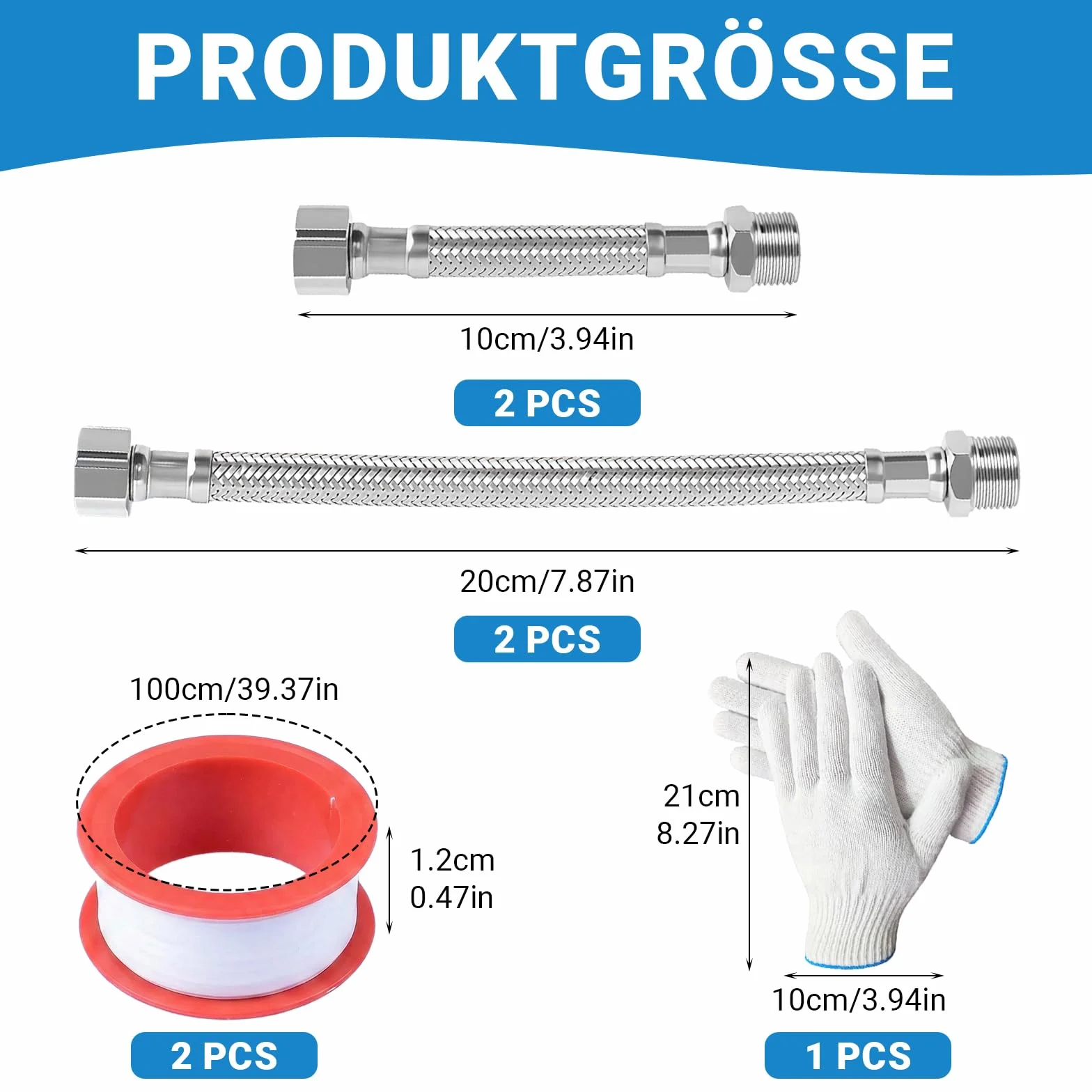 Wąż elastyczny 3/8 cala 304 ze stali nierdzewnej opancerzony 10/20 cm z taśmami uszczelniającymi i rękawicą