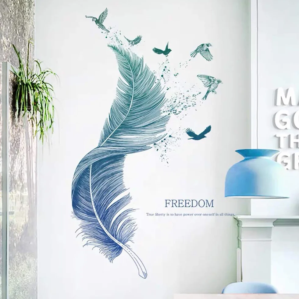 WandSticker4U® - Naklejka na ścianę pióro niebieski 124 × 72 cm, tatuaż ścienny, nowoczesny ptak