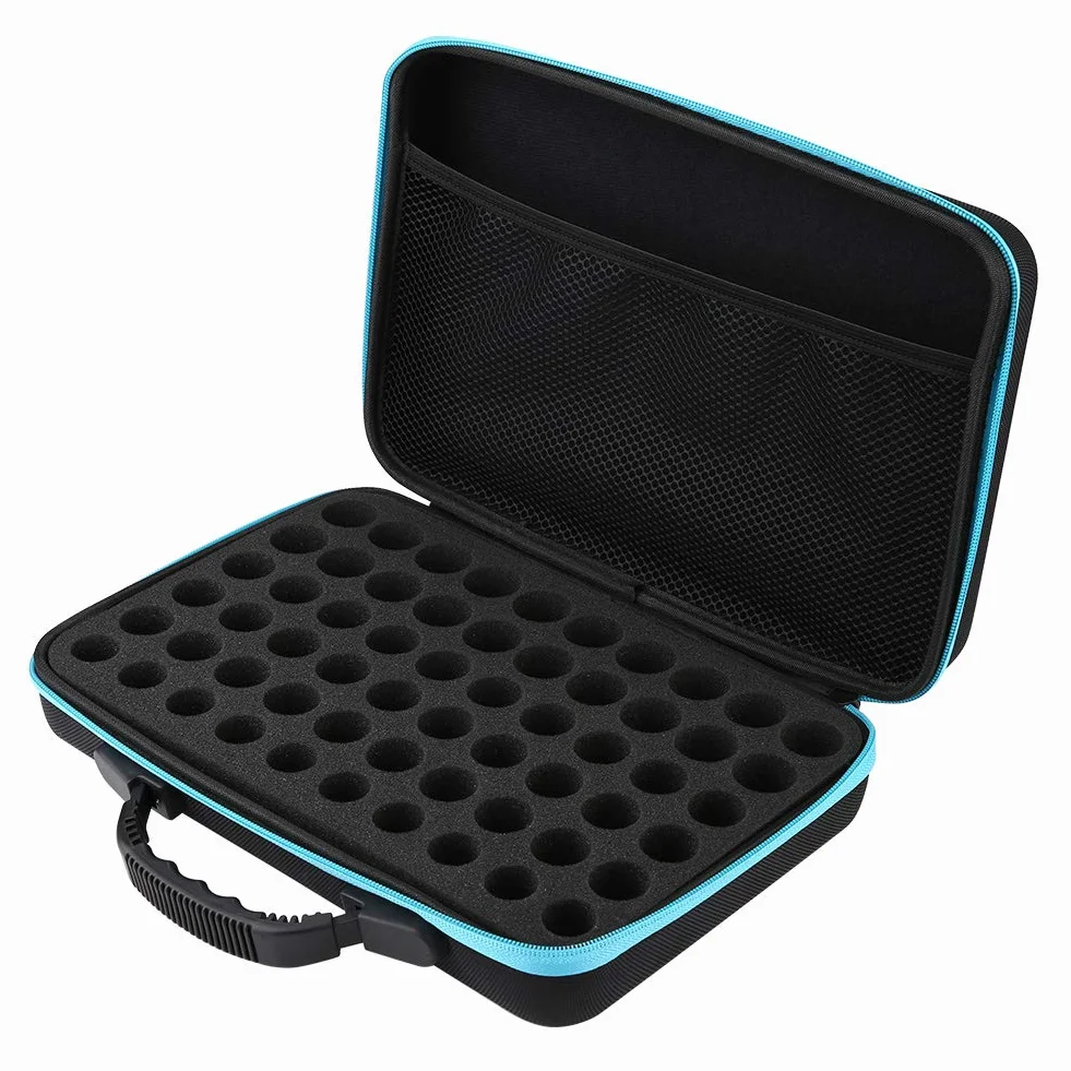 Torba do przenoszenia olejków eterycznych, twarda obudowa na 60 butelek, organizer zewnętrzny, praktyczna na butelki 5 ml, 15 ml, 31 x 22,5 x 7,7 cm, niebieski, klasyczny