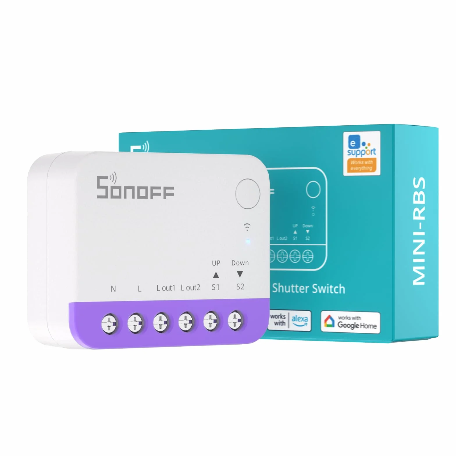SONOFF Matterowy Przełącznik do Rolet MINI-RBS, 2,4 GHz Wi-Fi, Miniaturowy Rozmiar, Sterowanie Procentowe, Obsługa Alexa/Google Home/HomeKit/Home Assistant, Wymagany Przewód Neutralny, 1 Sztuka