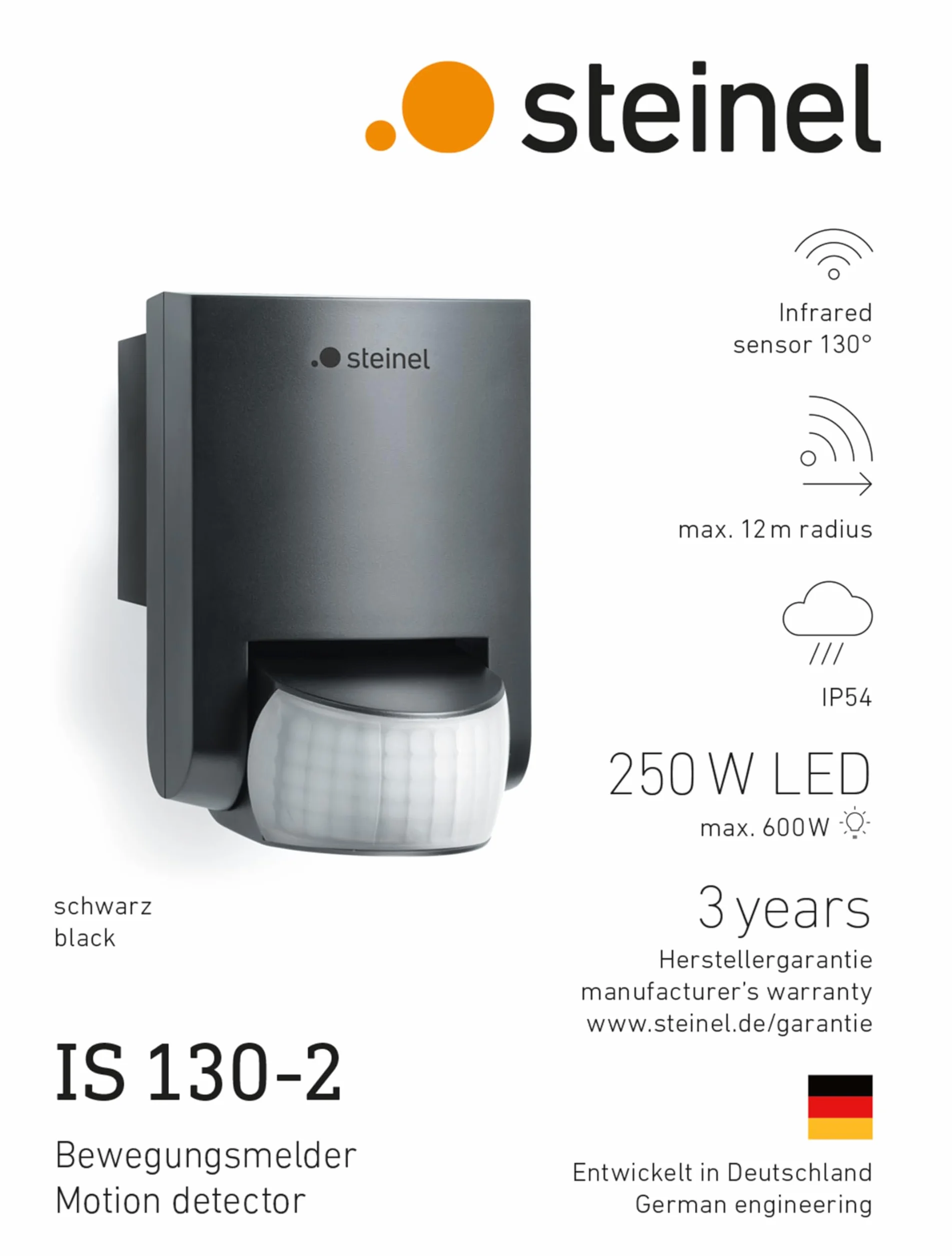Steinel Czujnik ruchu IS 130-2 czarny, 130°, zasięg 12 m, IP54