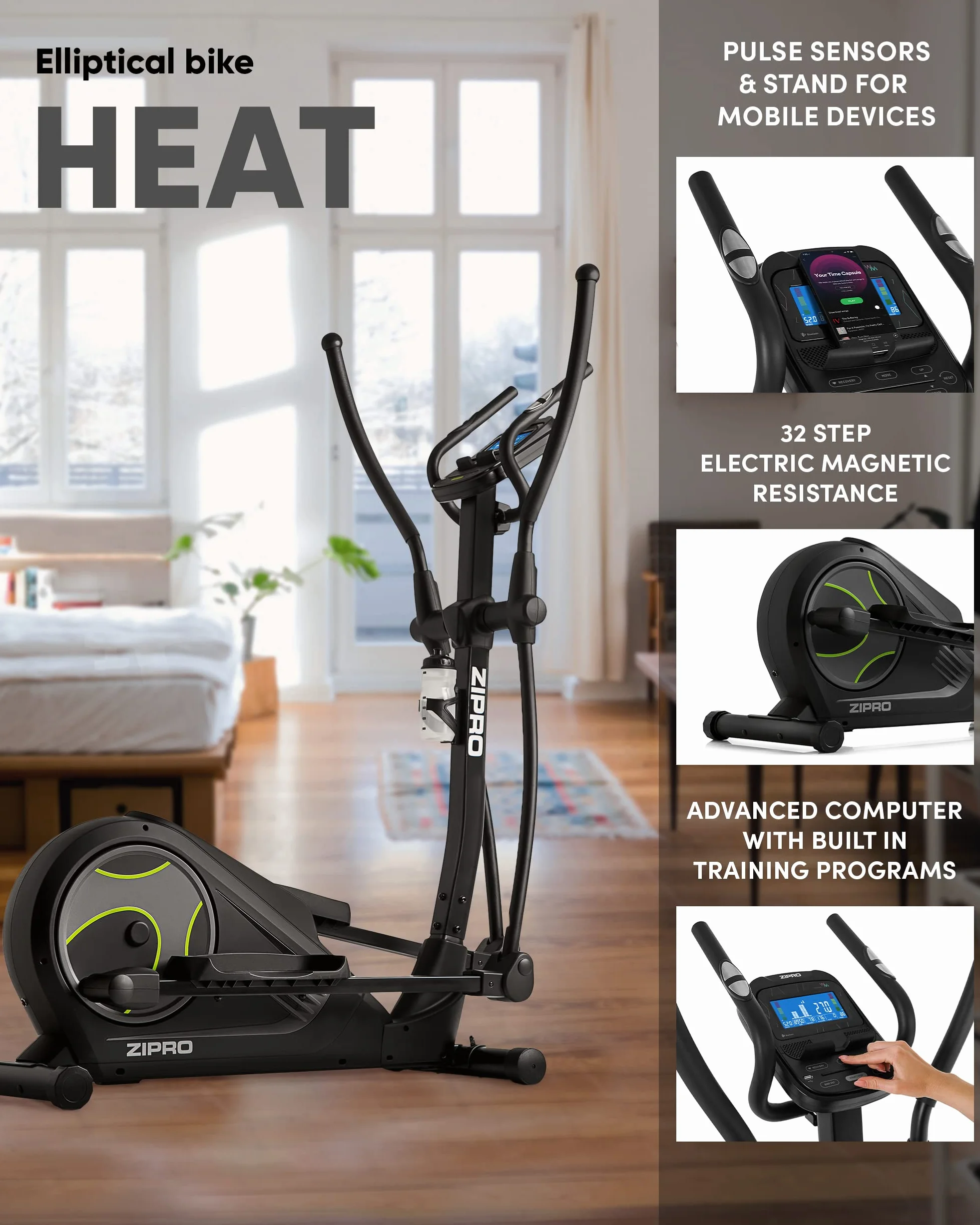 Zipro Heat | Home Magnetyczny orbiter do 150 kg | iConsole+ 8-stopniowy system oporu | trenażer domowy mierzy tętno, kalorie, prędkość | w kolorze czarnym