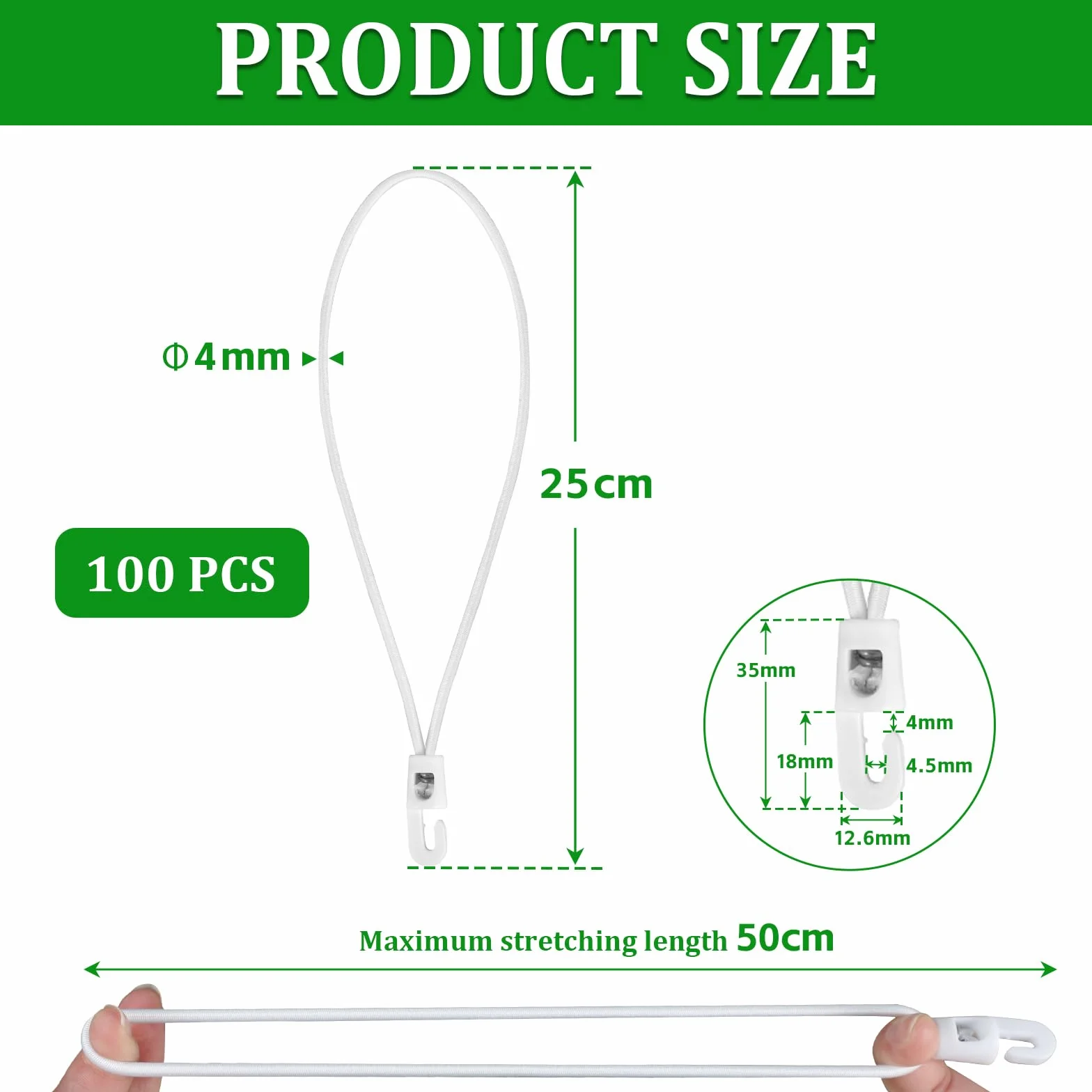 Napinacz z elastyczną linką 25 cm i haczykiem Ø4 mm, 100 sztuk, biały do plandek