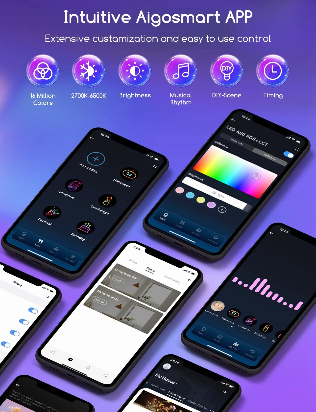 Aigostar Smart Bulb E27 SL2 LED 9W 806LM WiFi Żarówka RGB 2700K-6500K Ściemnialna Kompatybilna z Alexa Google Home 6 szt.