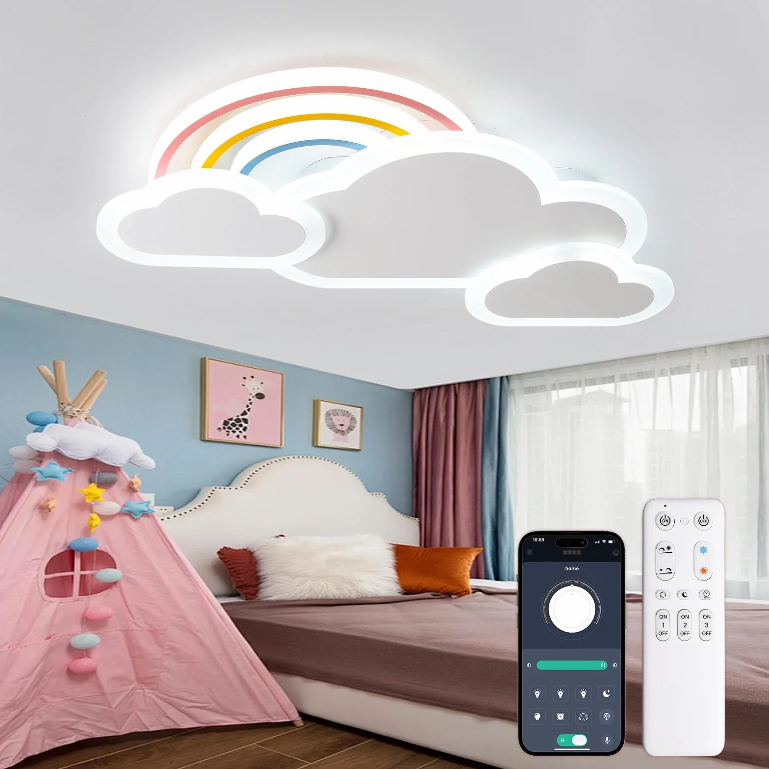 Lampa sufitowa LED dla dzieci, Kreatywna lampa sufitowa w kształcie chmury z pilotem zdalnego sterowania, Bezstopniowe, do wnętrz, Pokój Dziecięcy Chłopcy Dziewczęta, 63cm Biały