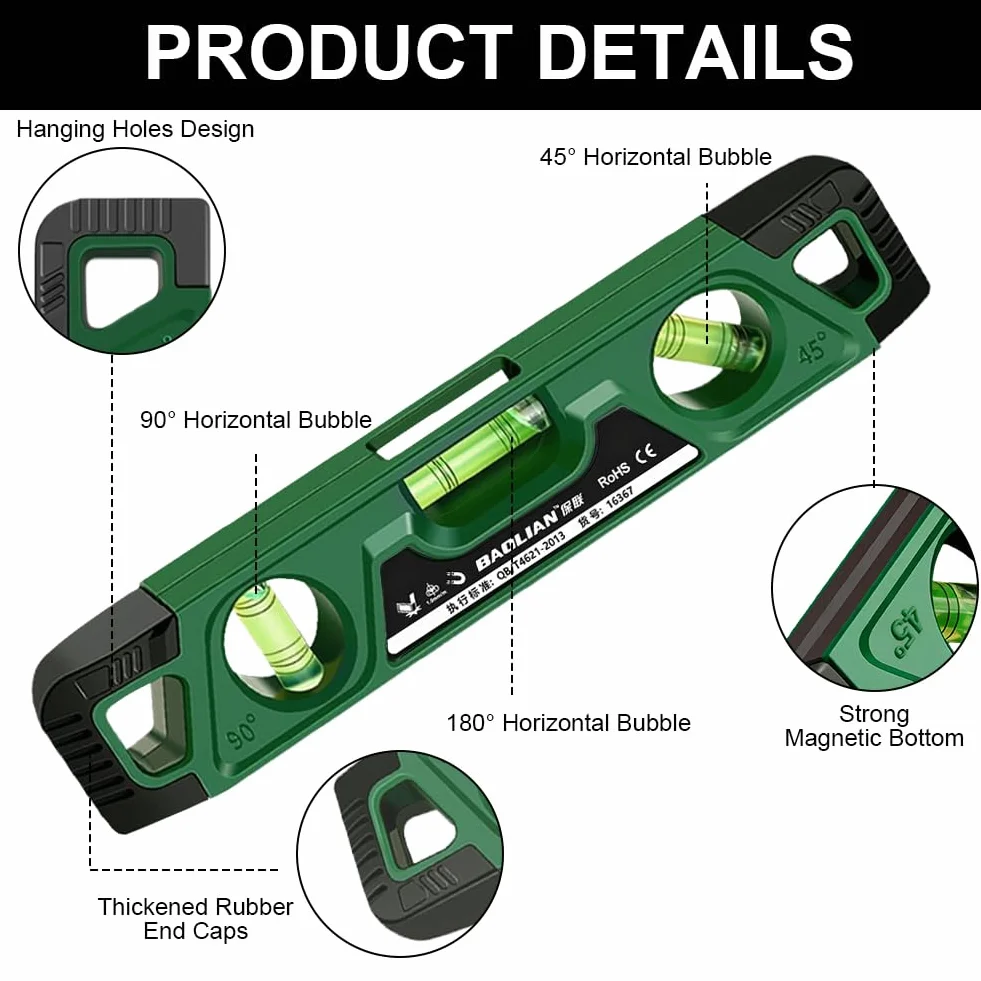 Flintronic Poziomica magnetyczna 230 mm z 3 bąbelkami 45° 90° 180° odporne na wstrząsy