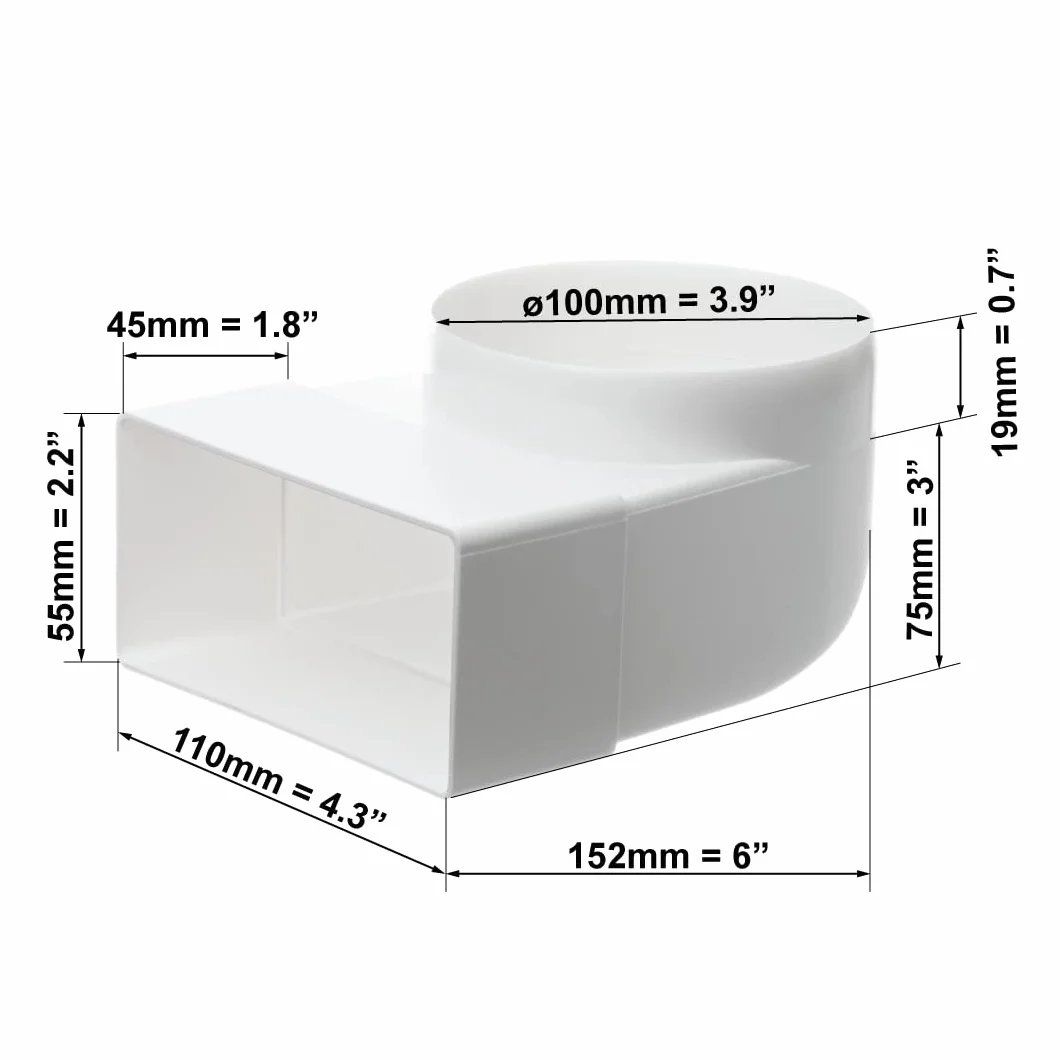 Element zwrotny 90° Ø 100-110 x 55 mm kanał płaski prostokątny rura wentylacyjna łącznik