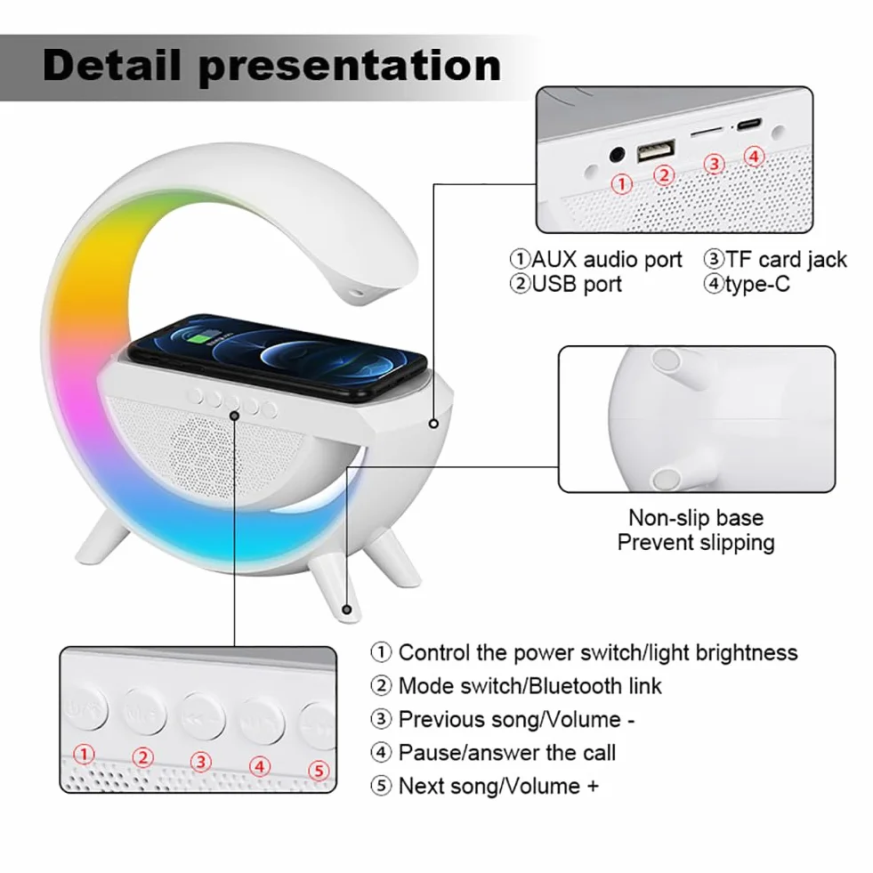 Lampa nastrojowa RGB bezprzewodowa ładowarka 10 W Głośnik BT Budzik LED black