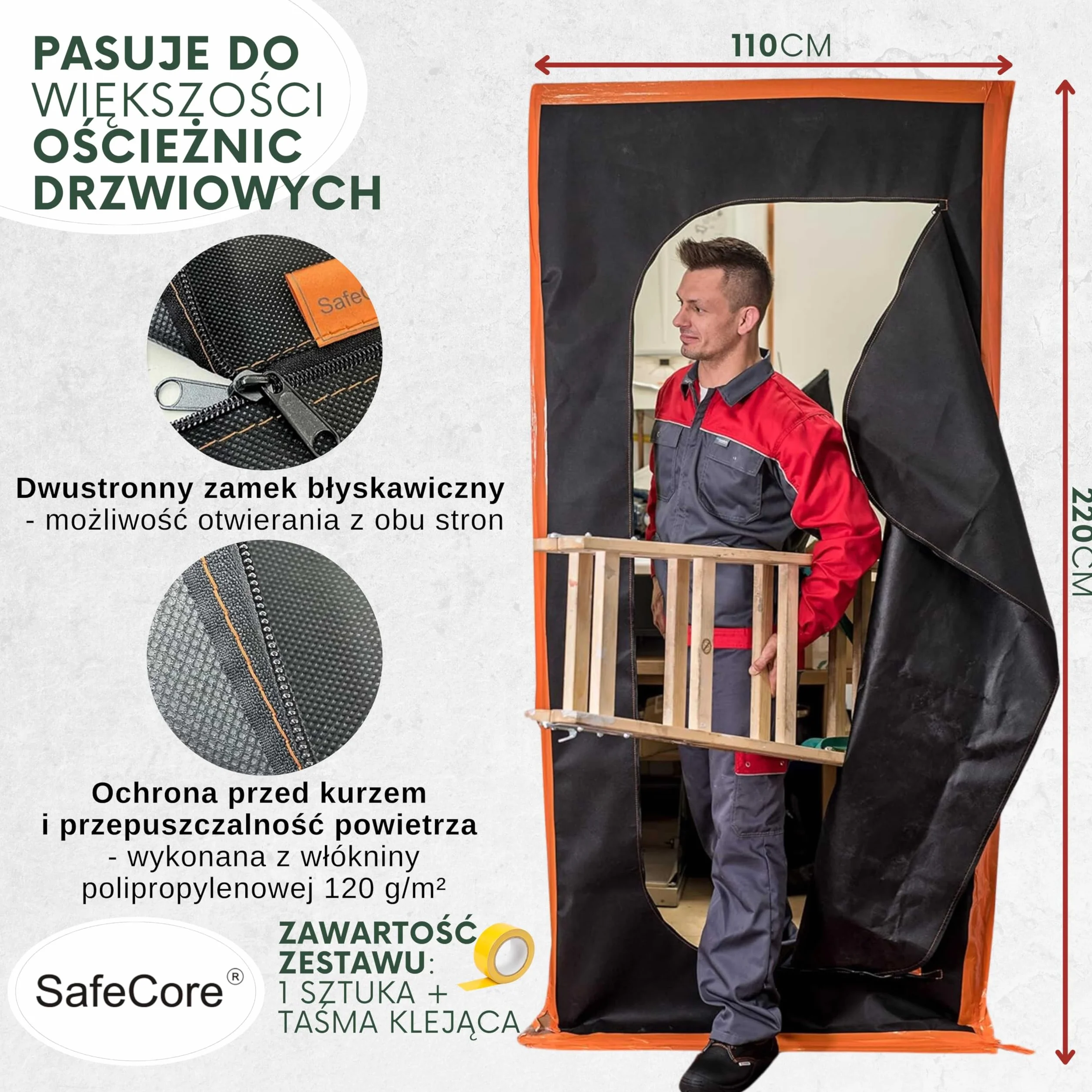 Drzwi przeciwpyłowe z taśmą, osłona przeciwpyłowa 220x110 cm, gruba tkanina polipropylenowa