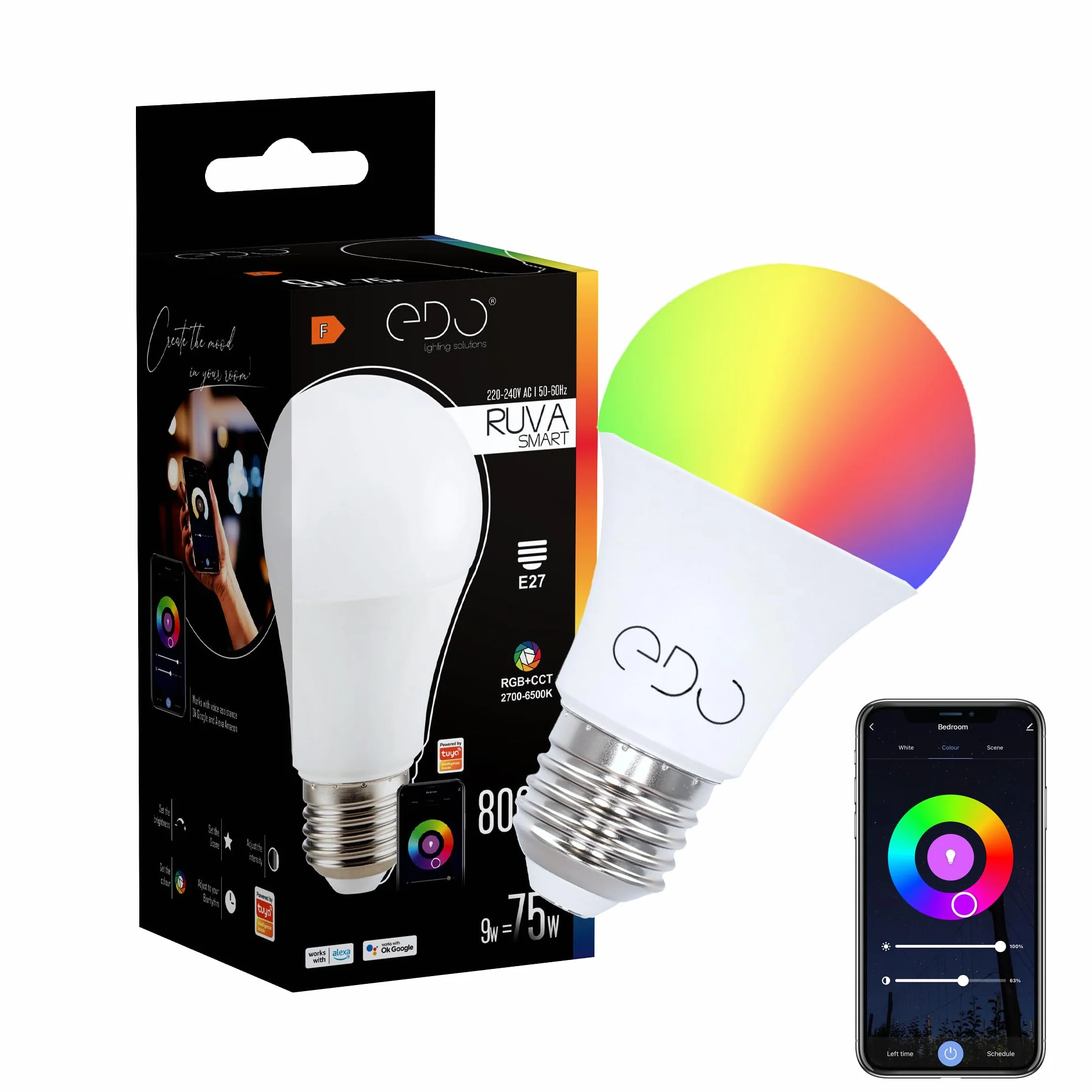 EDO RUVA Żarówka Smart RGB CCT E27 Inteligentna LED WiFi 9W Ściemnialna TUYA 2700-6500K 806 Lumen Smart Home Alexa 1 sztuka