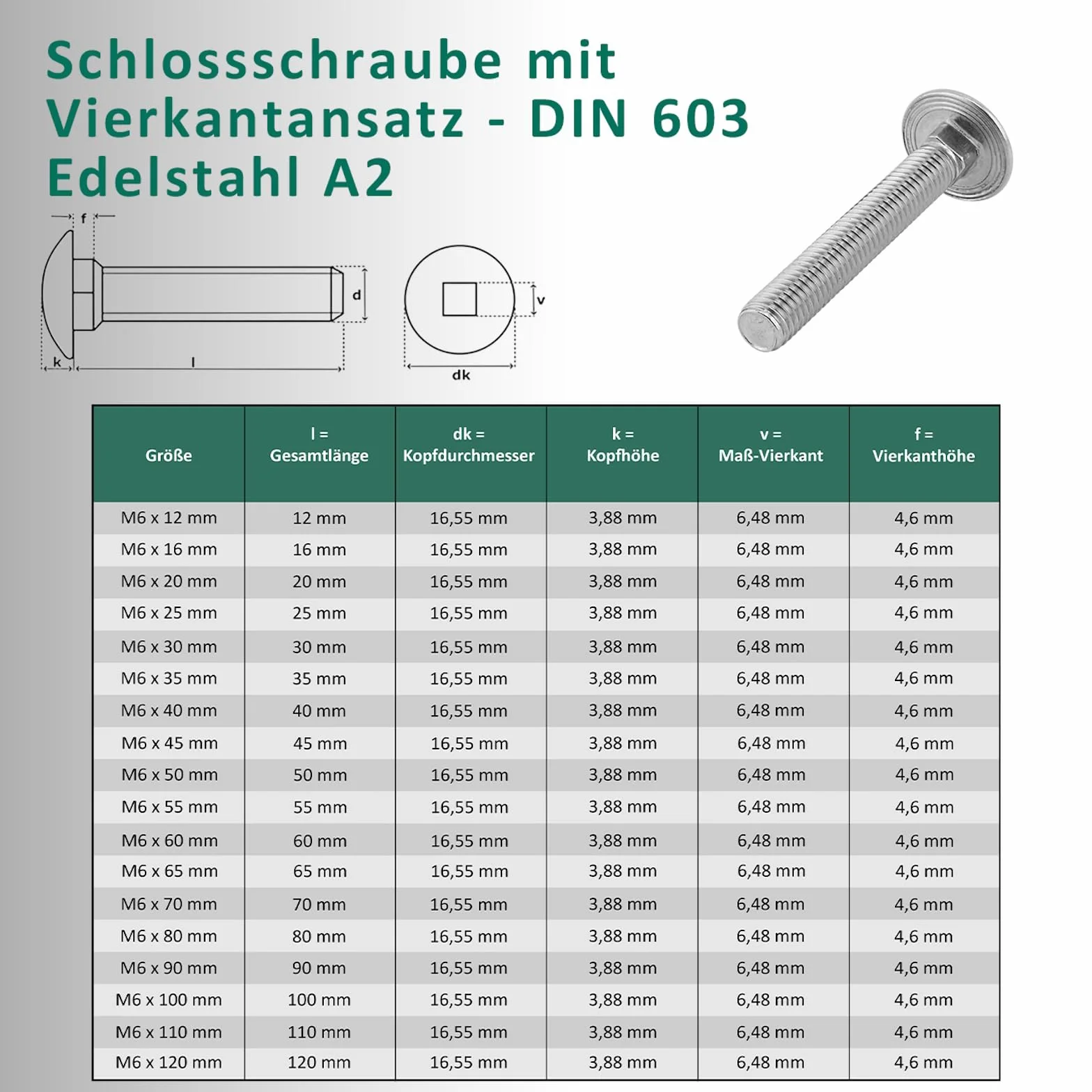 Śruby zamkowe M6 x 12 mm DIN 603 z nakrętką motylkową M6 DIN 315 i podkładką DIN 125, stal nierdzewna A2 V2A, zestaw 100 sztuk