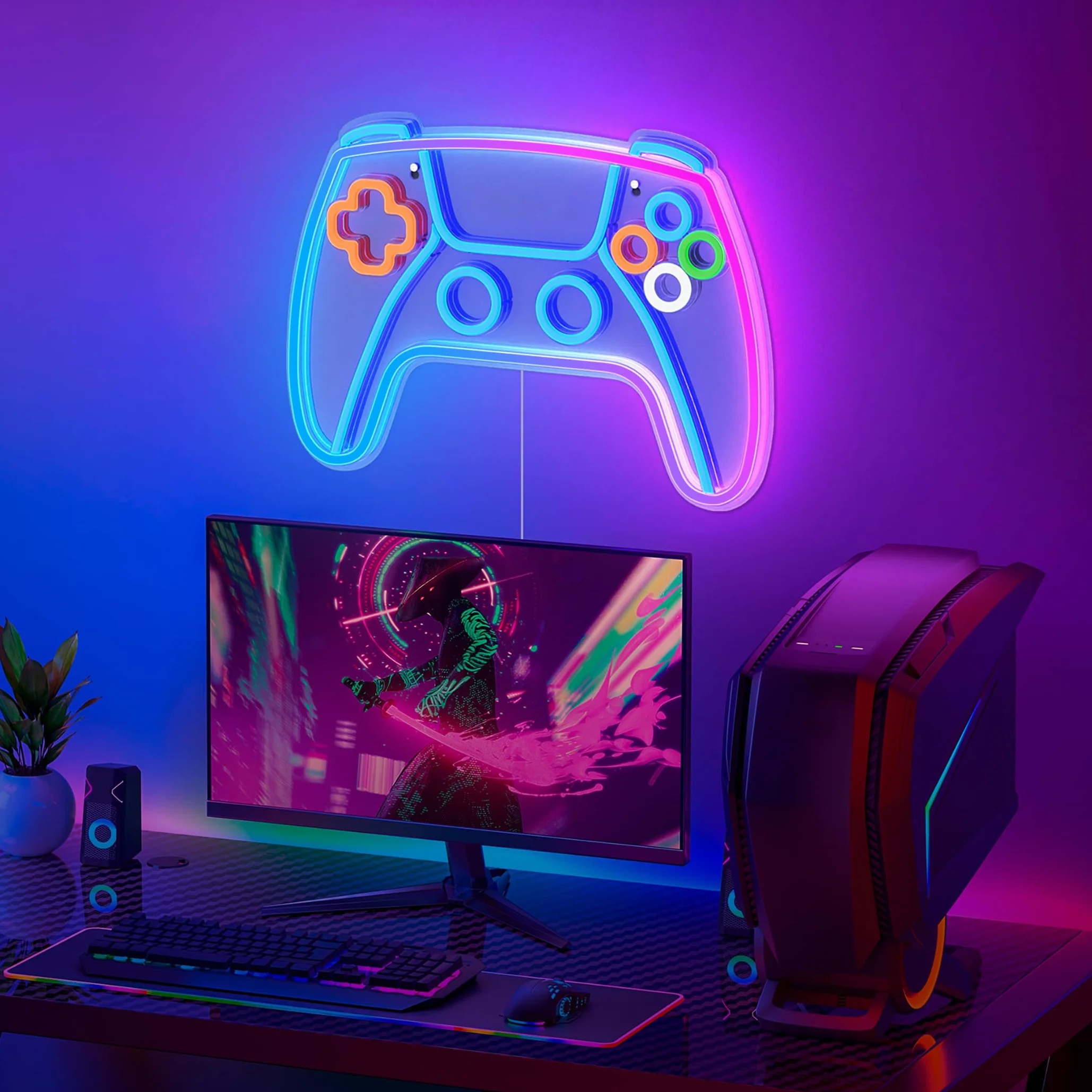 Neonowy znak gamingowy Kosker KO-P5273 LED RGB, dekoracja ścienna w kształcie gamepada, 9 świateł