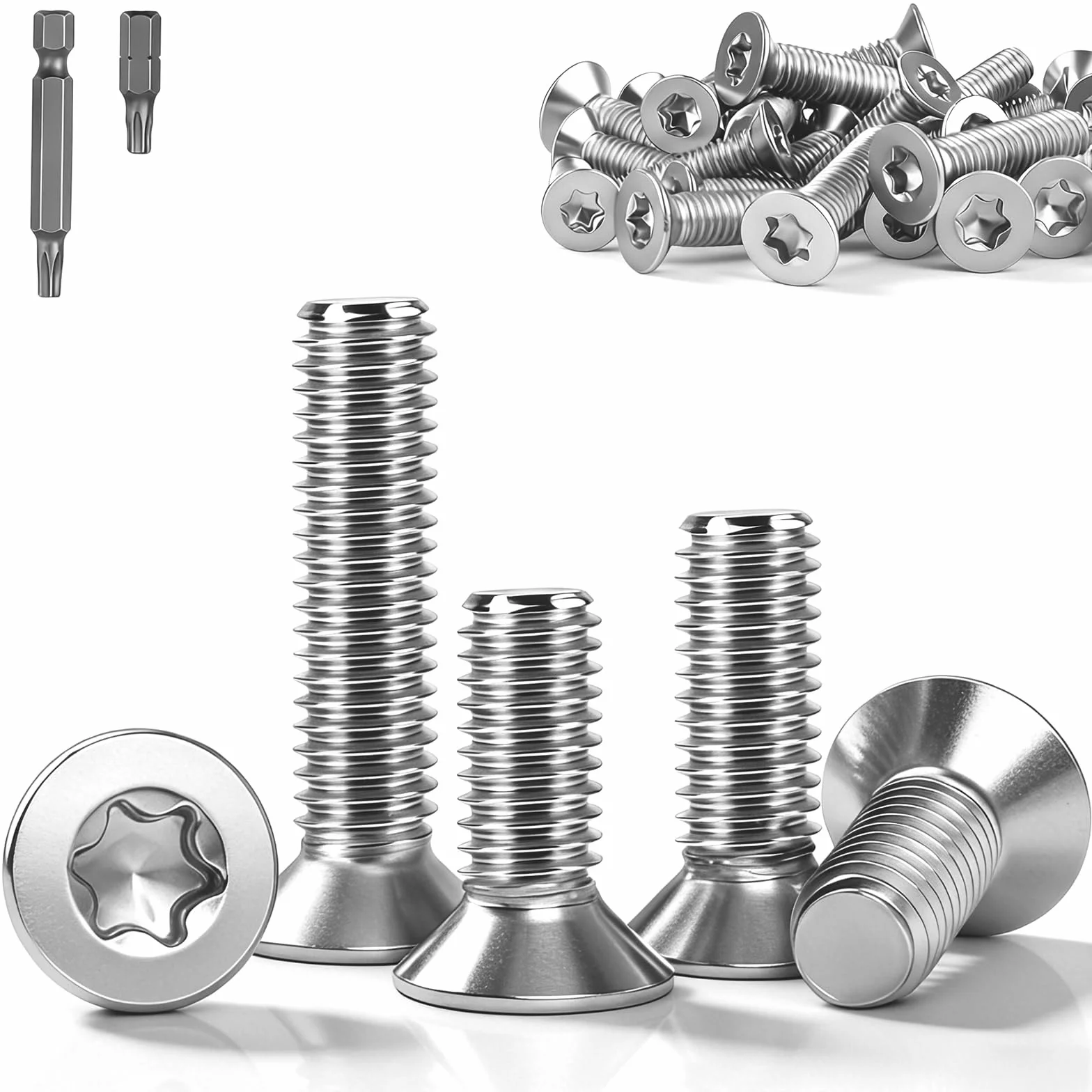 Śruby z łbem wpuszczanym Torx M4 x 12 mm, stal nierdzewna A2 V2A, pełny gwint, zestaw 30 sztuk z bitami 25/50 mm