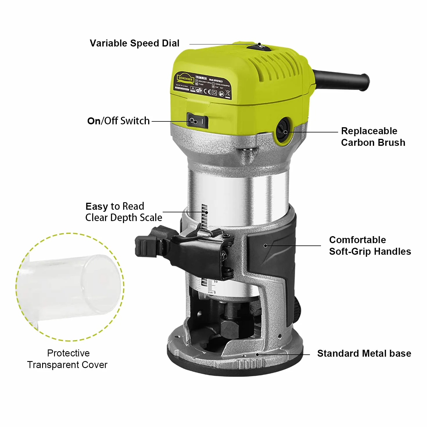 DEWINNER Elektryczna wkrętarka do drewna 710 W, 13000-33000 obr./min, 6 zmiennych prędkości, 3 zaciski 1/4" 6 mm i 8 mm