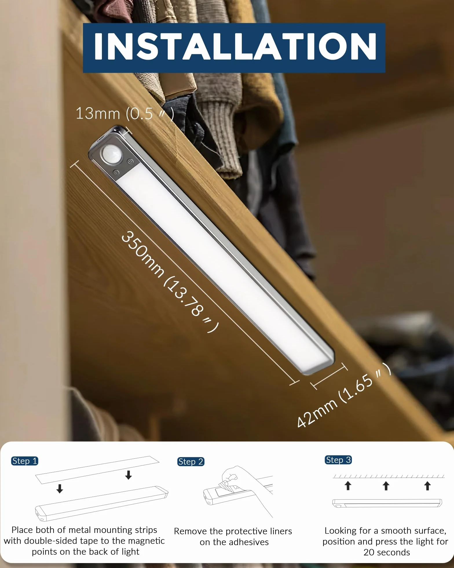 MERTTURM 35cm Akumulatorowe Oświetlenie pod Szafką 3000mAh Czujnikiem Ruchu Magnetyczna Lampka Szafki 3 Kolory Jasność ściemniana 2 szt