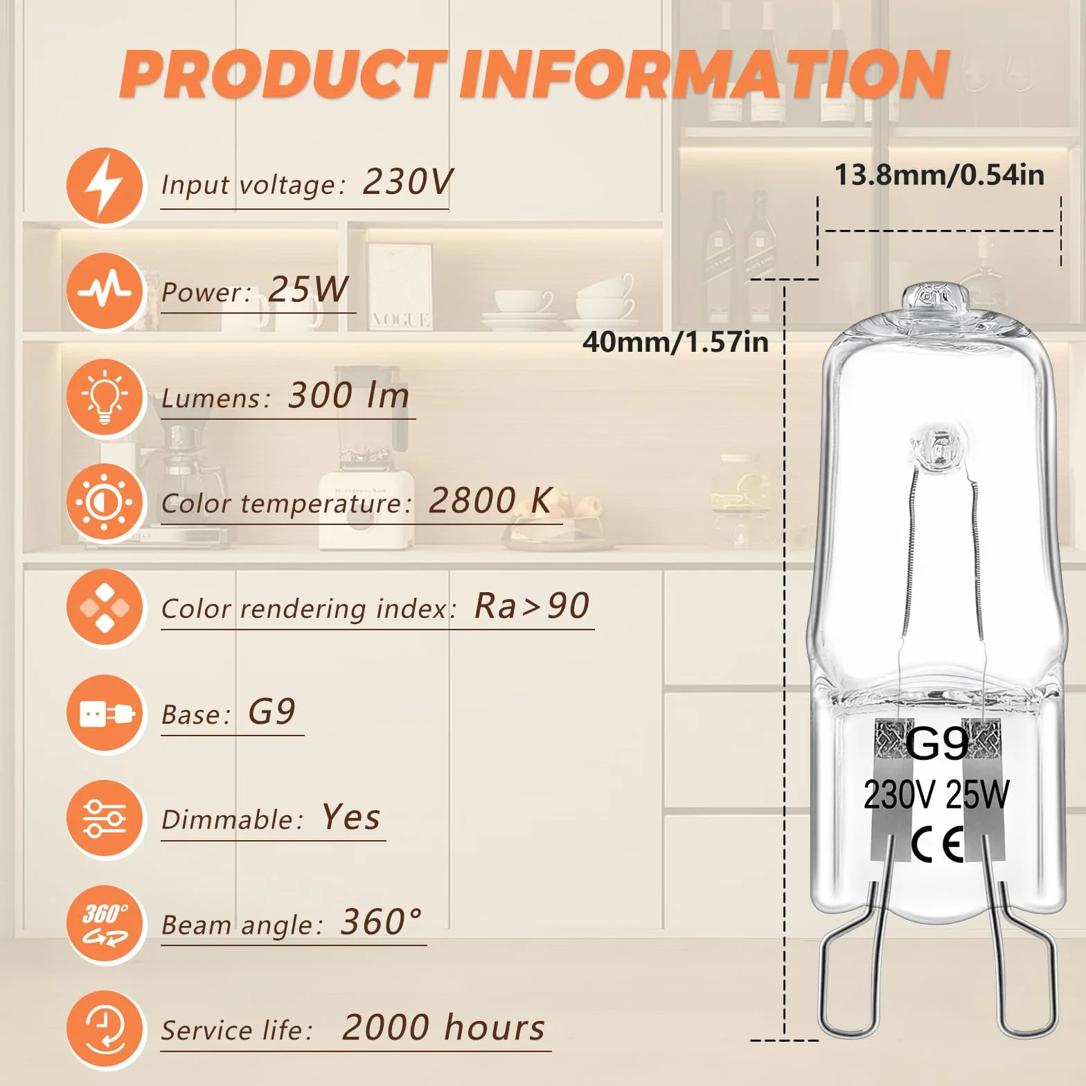 Lampa halogenowa G9 do piekarnika 25W 300°C ciepła biel 2700K ściemniana