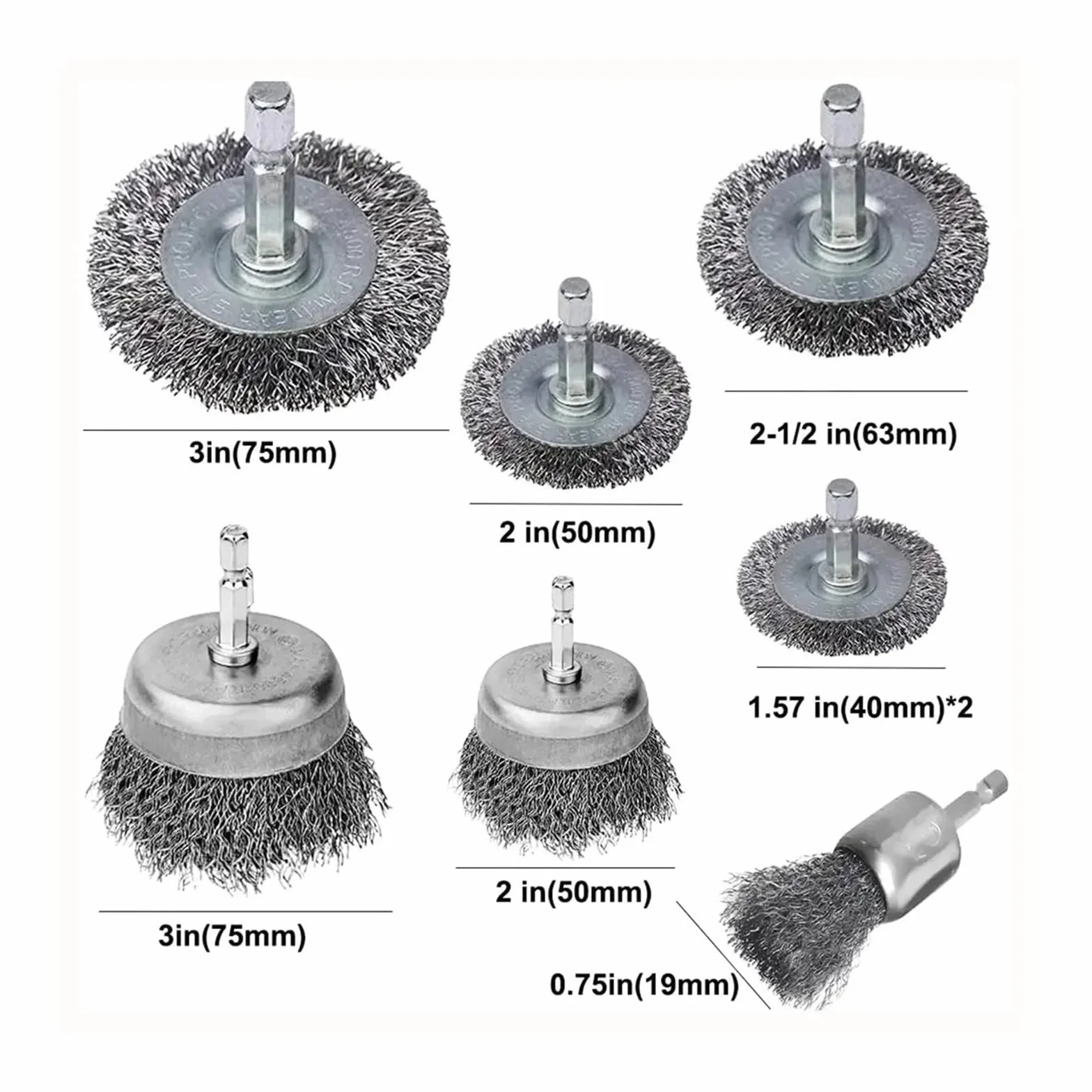 Carbon Steel Wire Brush Wheel Set 8 Piece 1/4 Inch Hex Shank Coarse Crimped