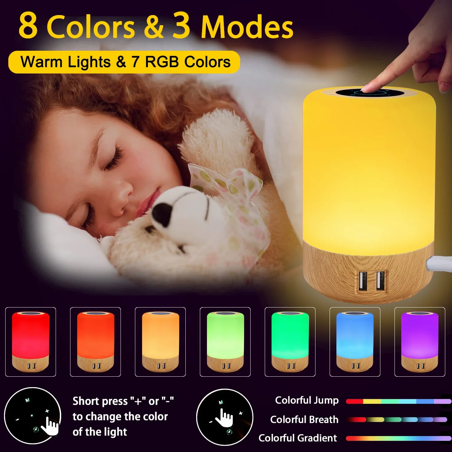 Lampka Nocna LED Dotykowa Ściemniana 4 Porty USB-A 8 Kolorów 10 Poziomów Jasności Lampa Stołowa do Sypialni