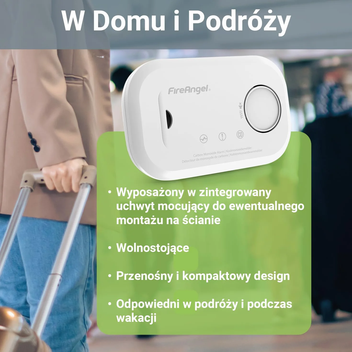 Fire Angel FA6813 Czujnik Czadu – Czujnik Tlenku Węgla Bateriami AA – Przenośna Podróżna Czujka Czadu z Alarmem – Detektor Tlenku Węgla z Funkcją Testu