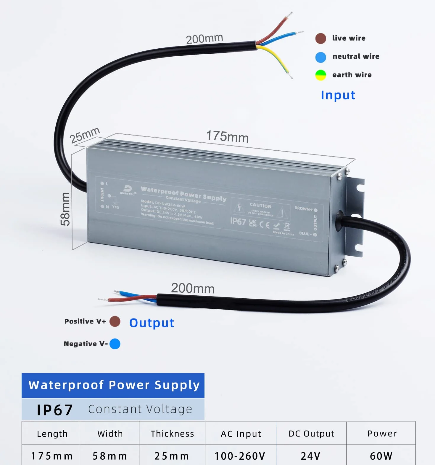 DUSKTEC Transformator 24 V 200 W wodoodporny IP67 zasilacz do taśm LED