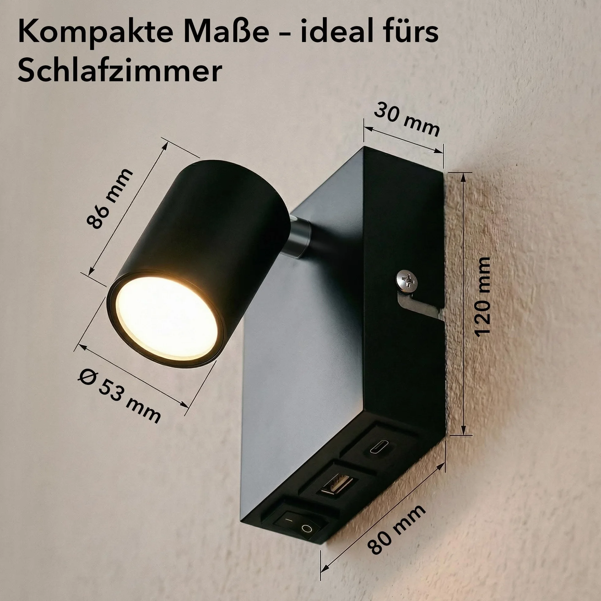 ledscom.de 2 sztuki Lampa ścienna WAIKA, 1-światło, czarna, USB-C, USB-A, z lampą LED GU10 450lm, ciepła biel