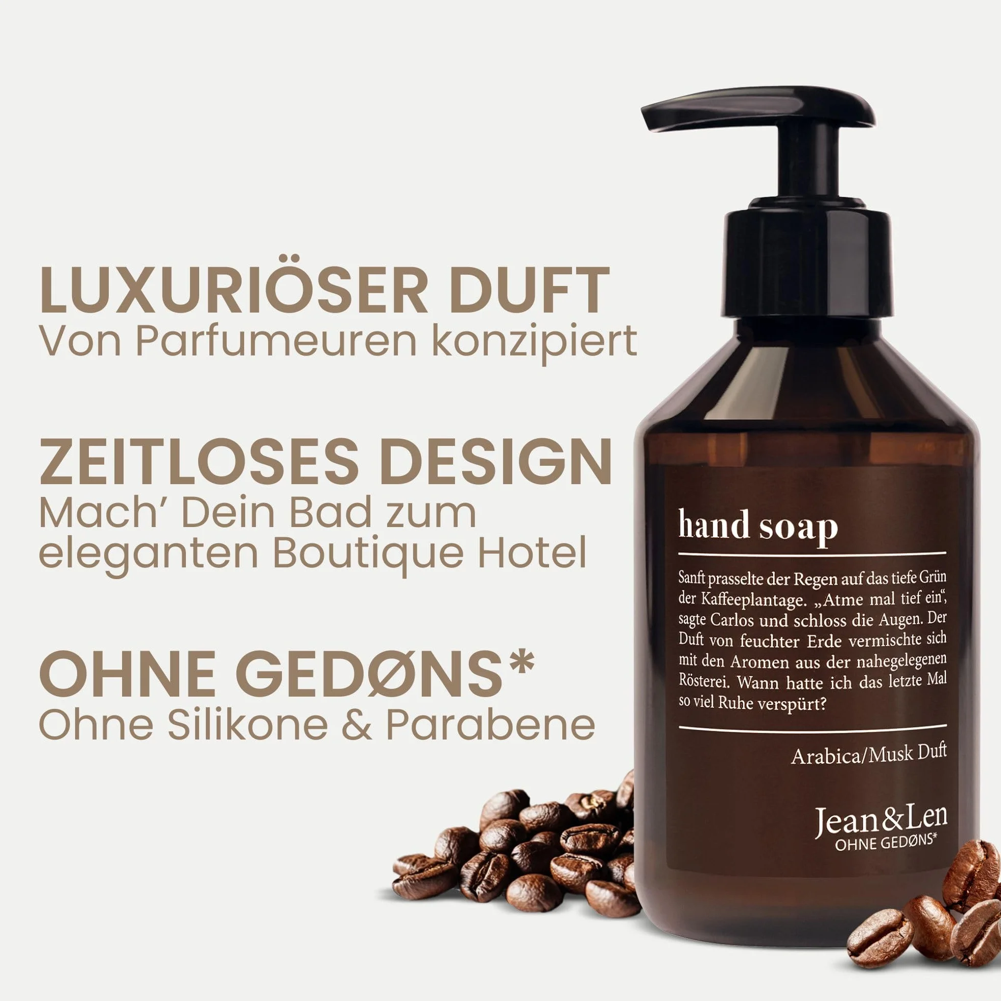 Jean & Len Mydło do rąk Arabica & Musk, czyści zmęczone dłonie, nadaje się do codziennego użytku, mydło w płynie w dozowniku z pompką, aromatyczny zapach, wegańskie, 250 ml