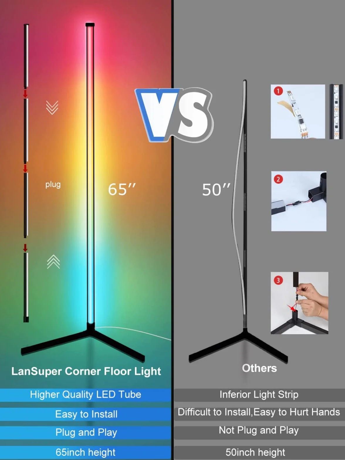 DeeprBling Lampa Podłogowa LED 165 cm ściemnialna RGB 16 Milionów Kolorów Synchronizacja Muzyki Timer