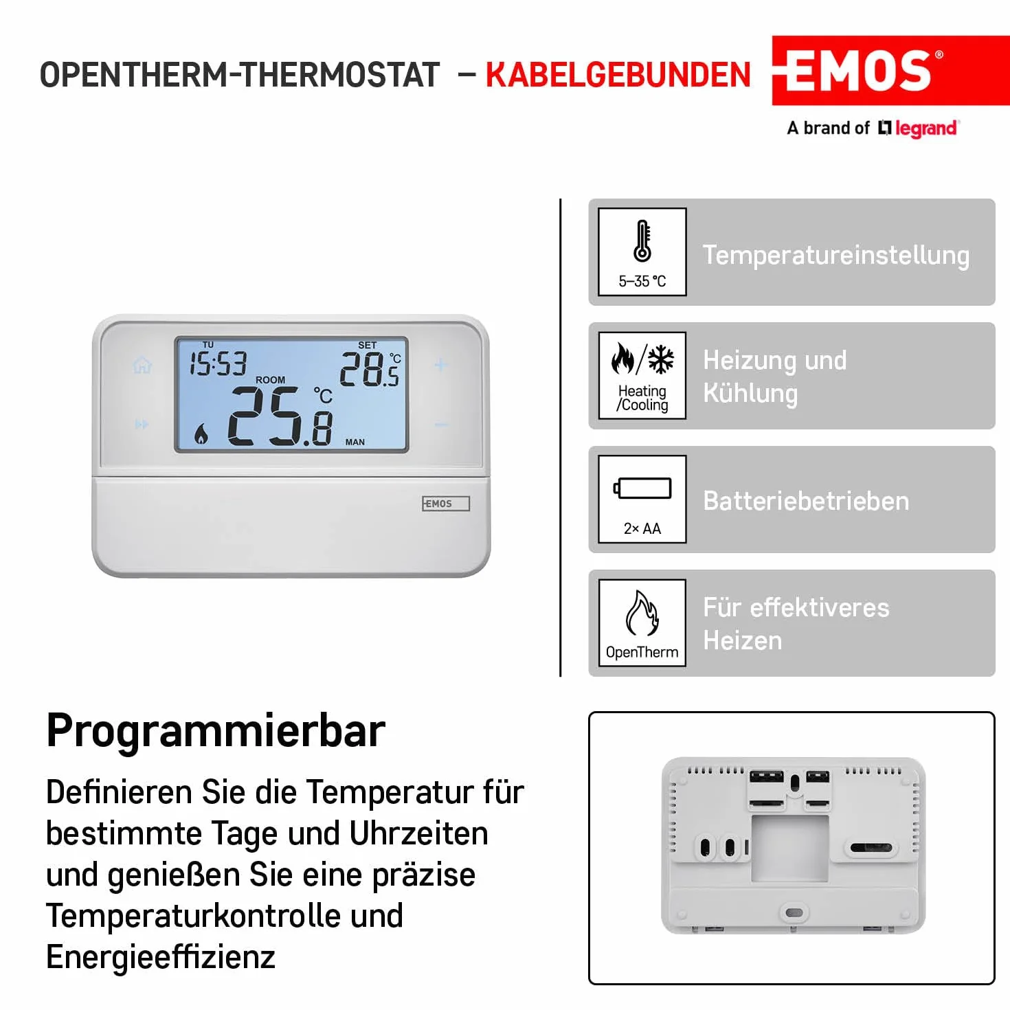 EMOS Cyfrowy termostat pokojowy OpenTherm programowalny zegarowy do systemów grzewczych i chłodzących