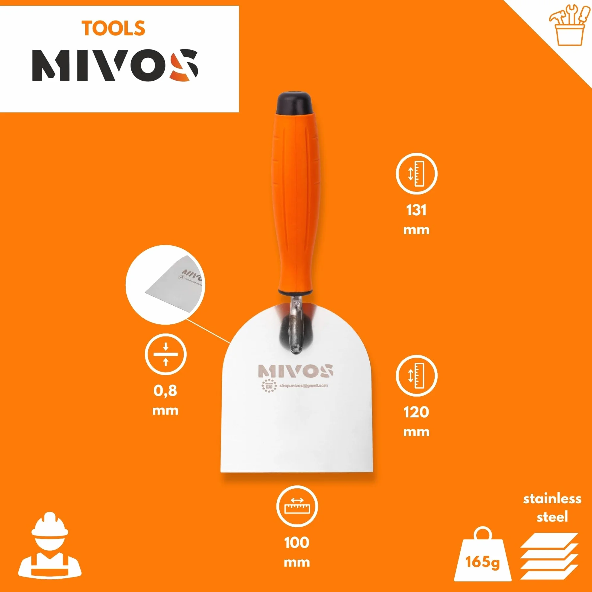 Mivos Szpachla sztukatorska 100 x 120 mm stal szlachetna nierdzewna z miękkim uchwytem