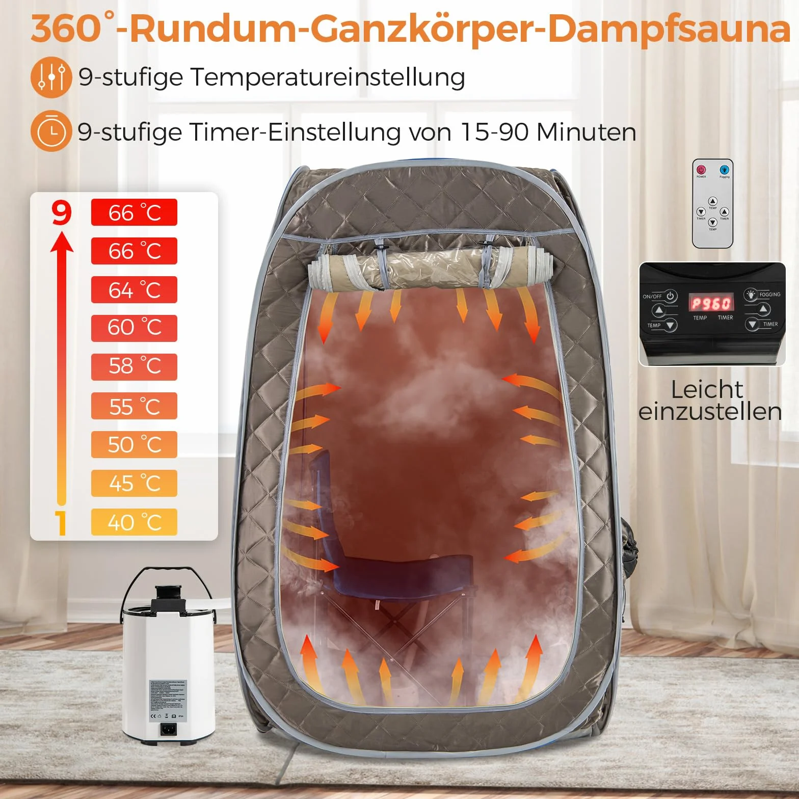 COSTWAY Przenośna sauna parowa dla 1-2 osób z generatorem pary 3L, timer, pilot, masażer stóp, składane krzesło