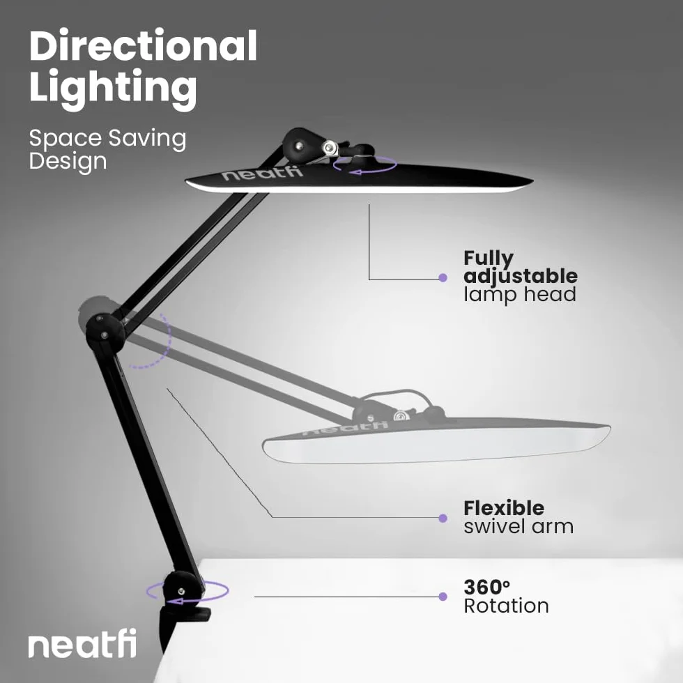 Neatfi XL LED Lampa biurkowa 2200 lumenów 24W szeroka głowica 50cm 4 poziomy regulacji jasności Bez-CCT z Zaciskiem Czarny