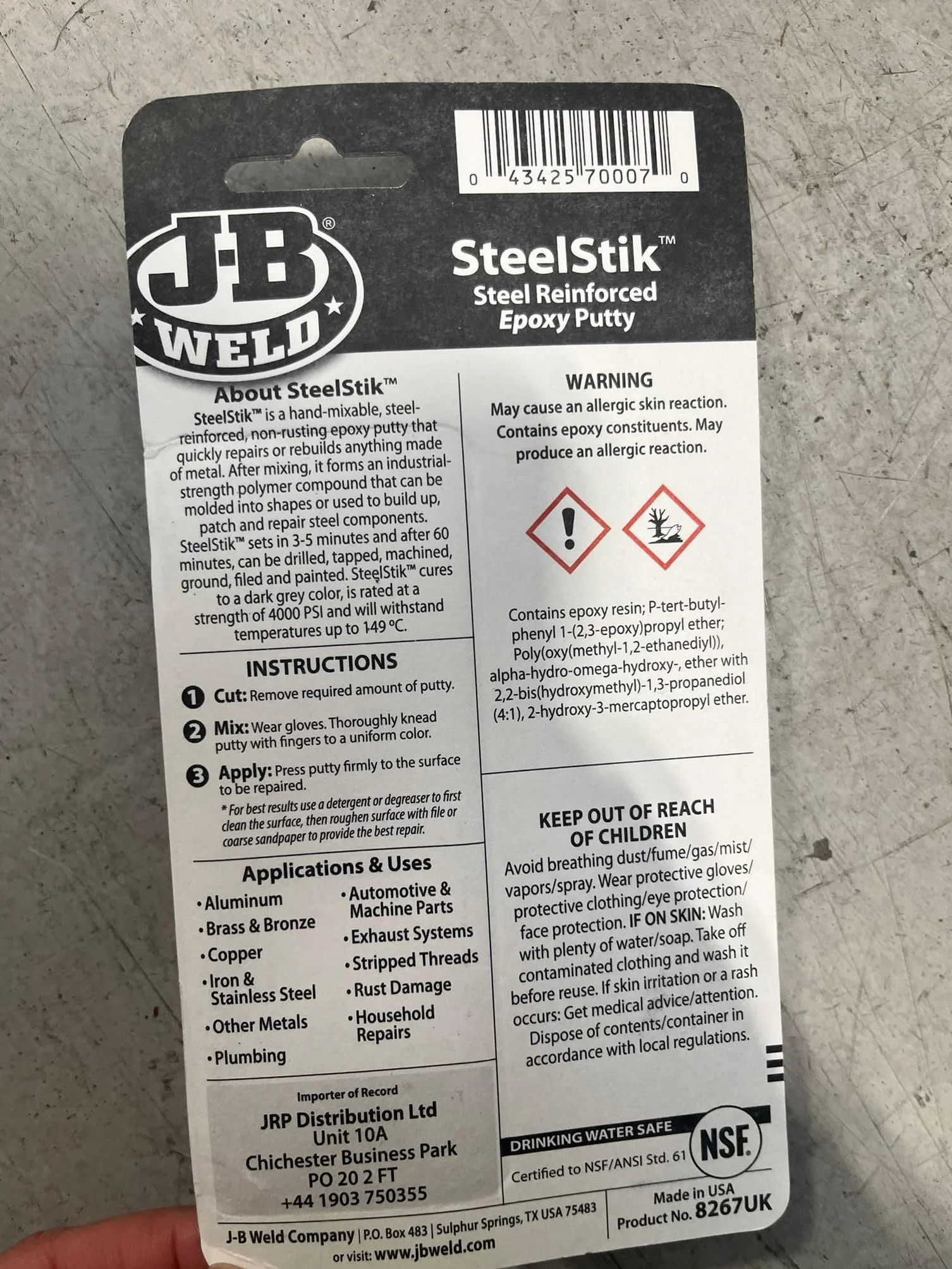 J-B Weld 8267 SteelStik Reinforced Epoxy Putty Stick, 2 oz
